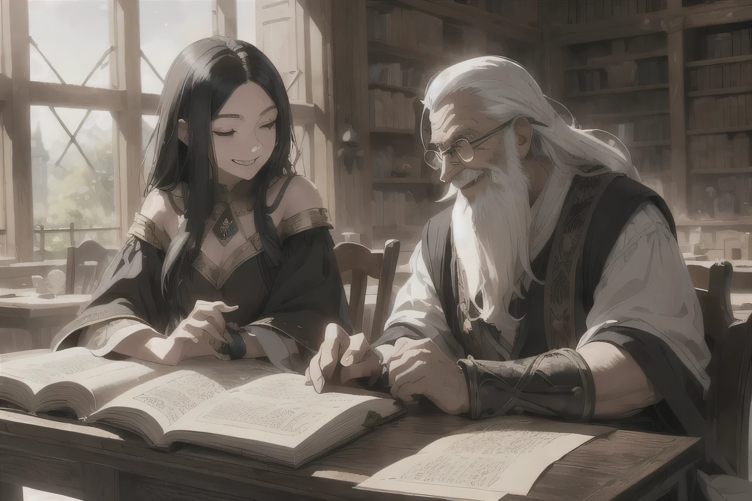 Intriguing fantasy RPG scene featuring a girl with luxurious, flowing blacl hair engaged in conversation with a wise old man sporting a white beard and long locks, both smiling warmly. Surrounding them, a table adorned with ancient scrolls, notes, and mystical relics sets the enchanted atmosphere. Square orientation for a balanced composition. --s 150 --ar 1:1 --c 5