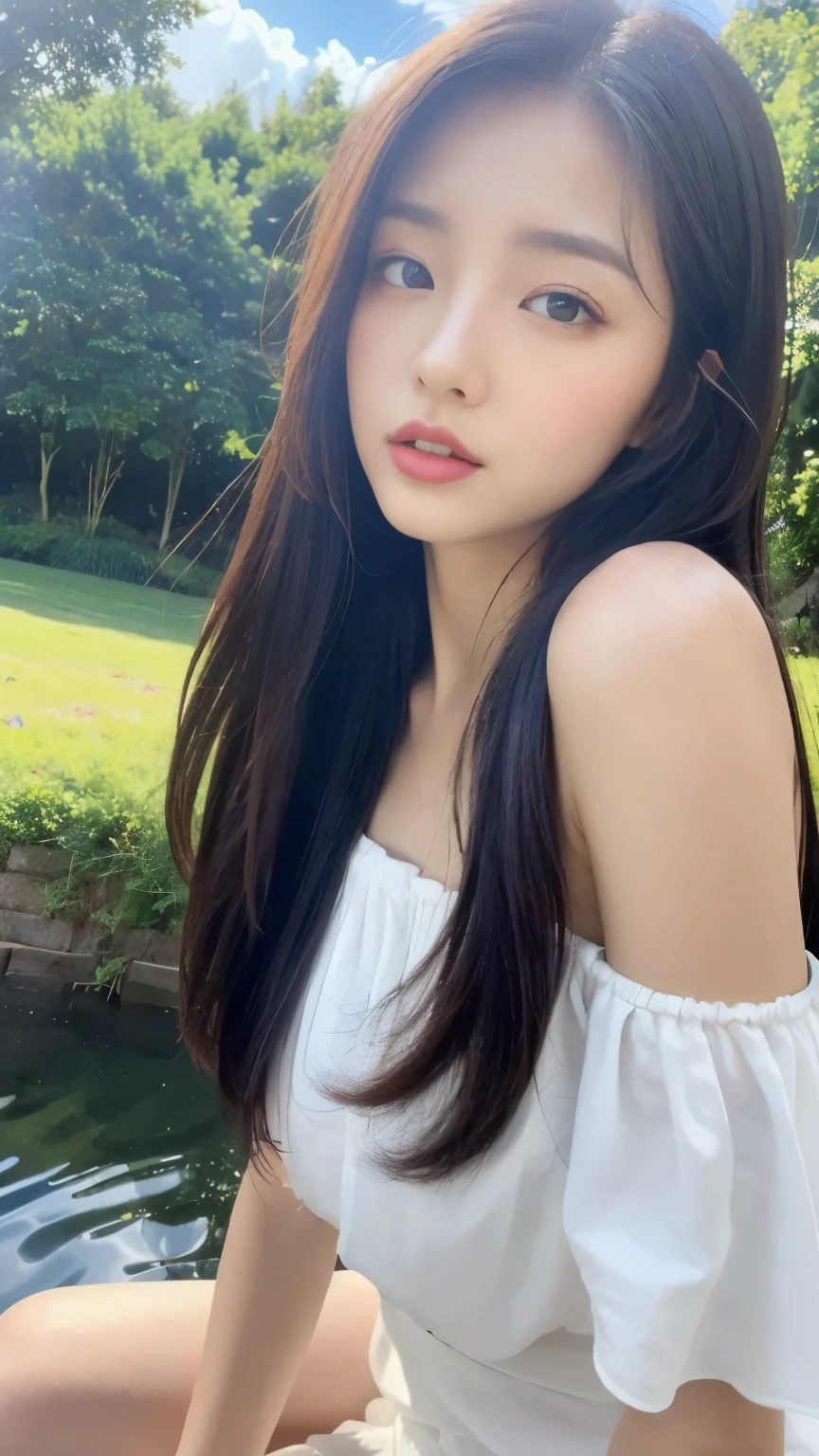 ((Best Quality, 8K, Masterpiece:1.3)), a beautiful girl, pure, melon face, gentle and cute, thin figure, (frontal), (tilted head), looking directly into the camera, [detached sleeves::0], [collared shirt::0], [capri pants::0], black silky long straight hair, long hair flowing over the shoulders, round black big eyes, clear big eyes, moist red lips, sweet, sitting by the pond, blue sky and white clouds, sunshine ,, idyllic background