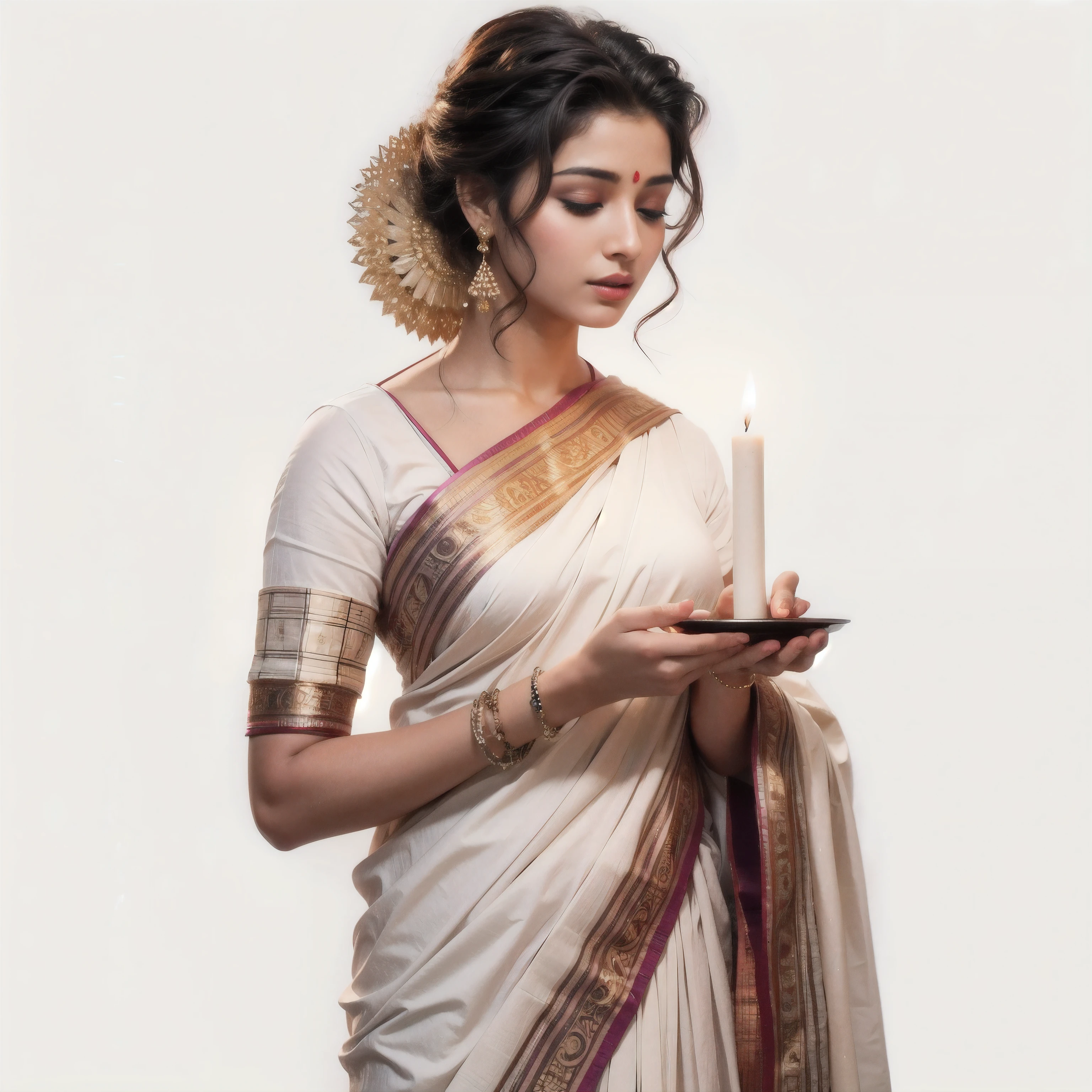 a Kerala traditional woman in a sari holding a lit candle in her hand, Hindu aesthetic, by Max Dauthendey, Indian goddess,  traditional beauty, a stunning goddess