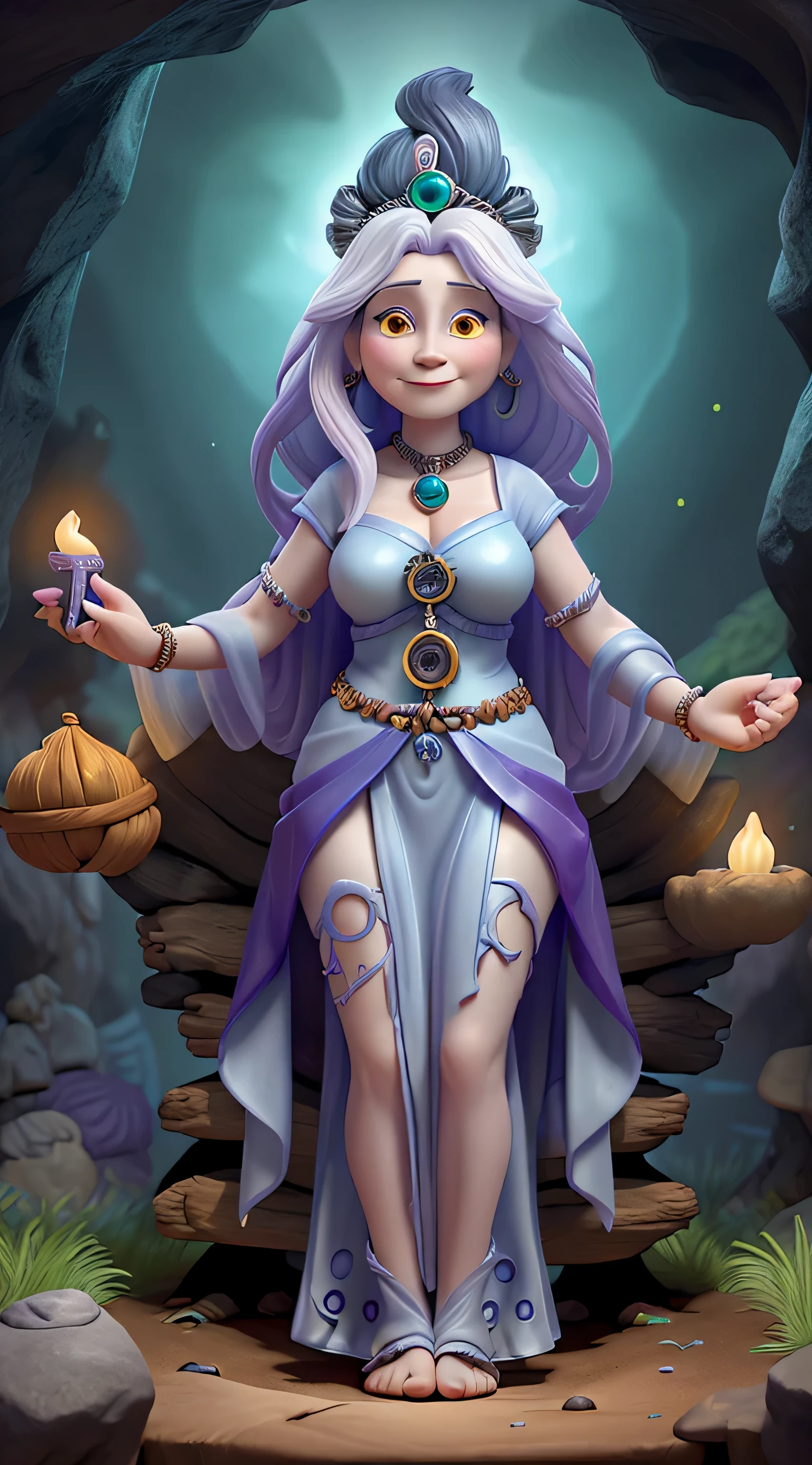 Naked old bent 80-year-old witch with evil laughter holding a rainbow crystal staff and torch in a magical dreamy forest in shades of gray , legs wide apart, seduces dwarves, Pixar 3D анимация, High Details, High Resolution