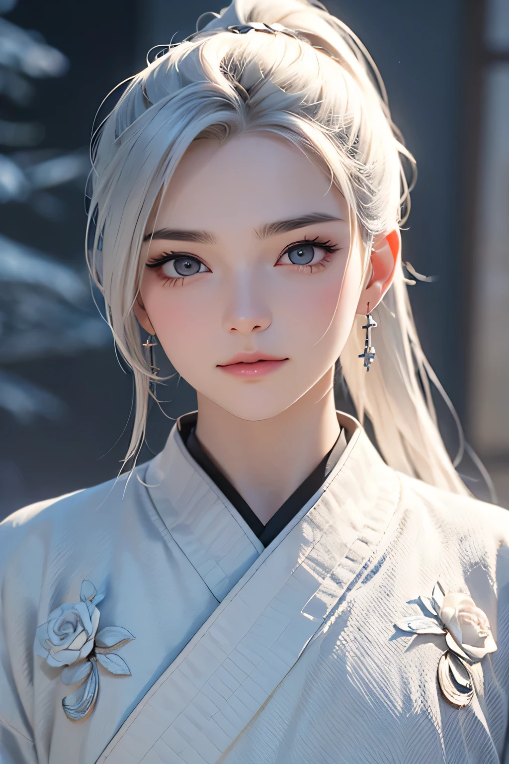 portrait of a young man ************, Thick eyebrows, grey eyes, thin thin lips, exquisite facial features, long white white hair, Gathered in the tail, tender look, white chinese robe, Ancient China, fantasy, Snowy landscape in the background, 3d anime