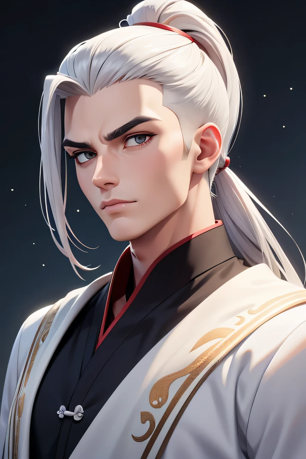 portrait of a young man ************, Thick eyebrows, grey eyes, thin thin lips, exquisite facial features, long white white hair, Gathered in the tail, tender look, white chinese robe, Ancient China, fantasy, Snowy landscape in the background, 3d anime