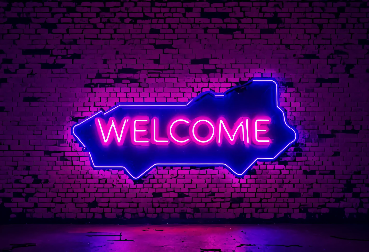 Brick wall, outline of a bricked doorway, neon sign above the outline of the doorway "welcome", realistic, cyberpunk style, traces of destruction by time, Desolation, dark lighting