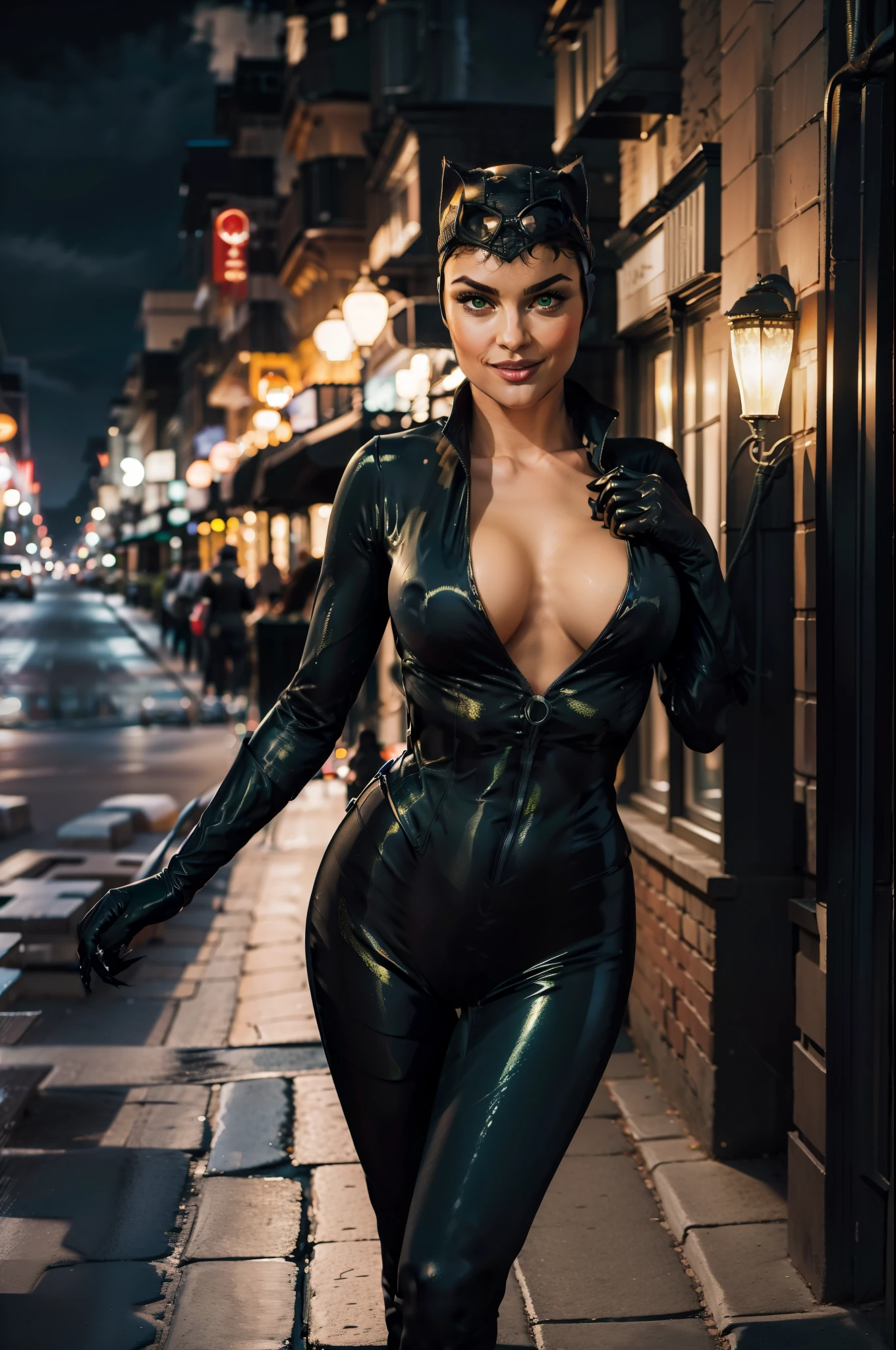 A captivating Catwoman figure, boasting generous assets, The velvety fabric of her iconic suit clings to her curvaceous figure, big breasts, cleavage. Her seductive green eyes gleam, a sly smile playing at the corner of her mouth. The intricate details of the suit's texture and the glossy finish of her feline ears add to the masterpiece of this art piece, sexy pose, street walkway, streetlight lit, nighttime