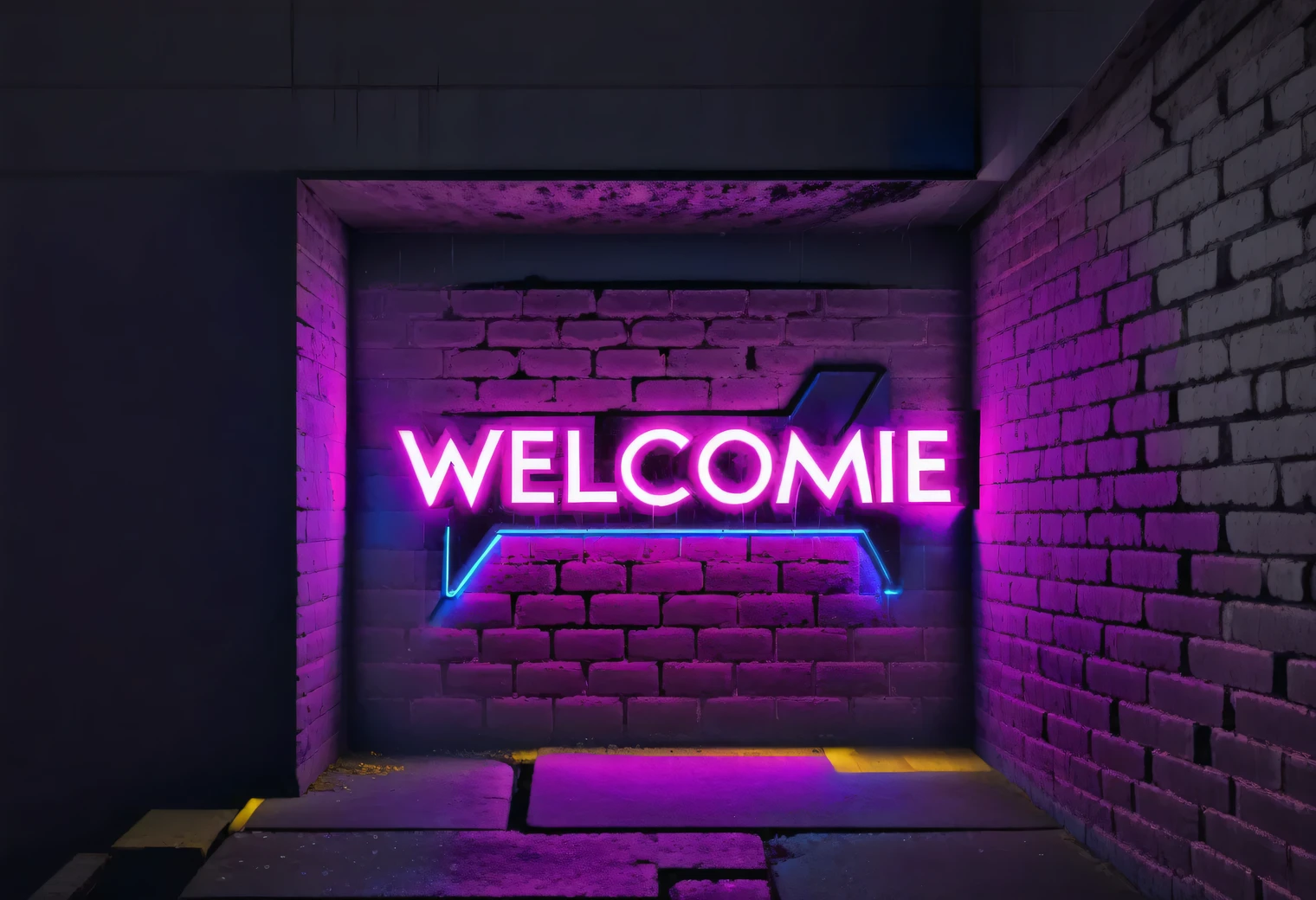 Brick wall, outline of a bricked doorway, neon sign above the outline of the doorway "welcome", realistic, cyberpunk style, traces of destruction by time, Desolation, dark lighting