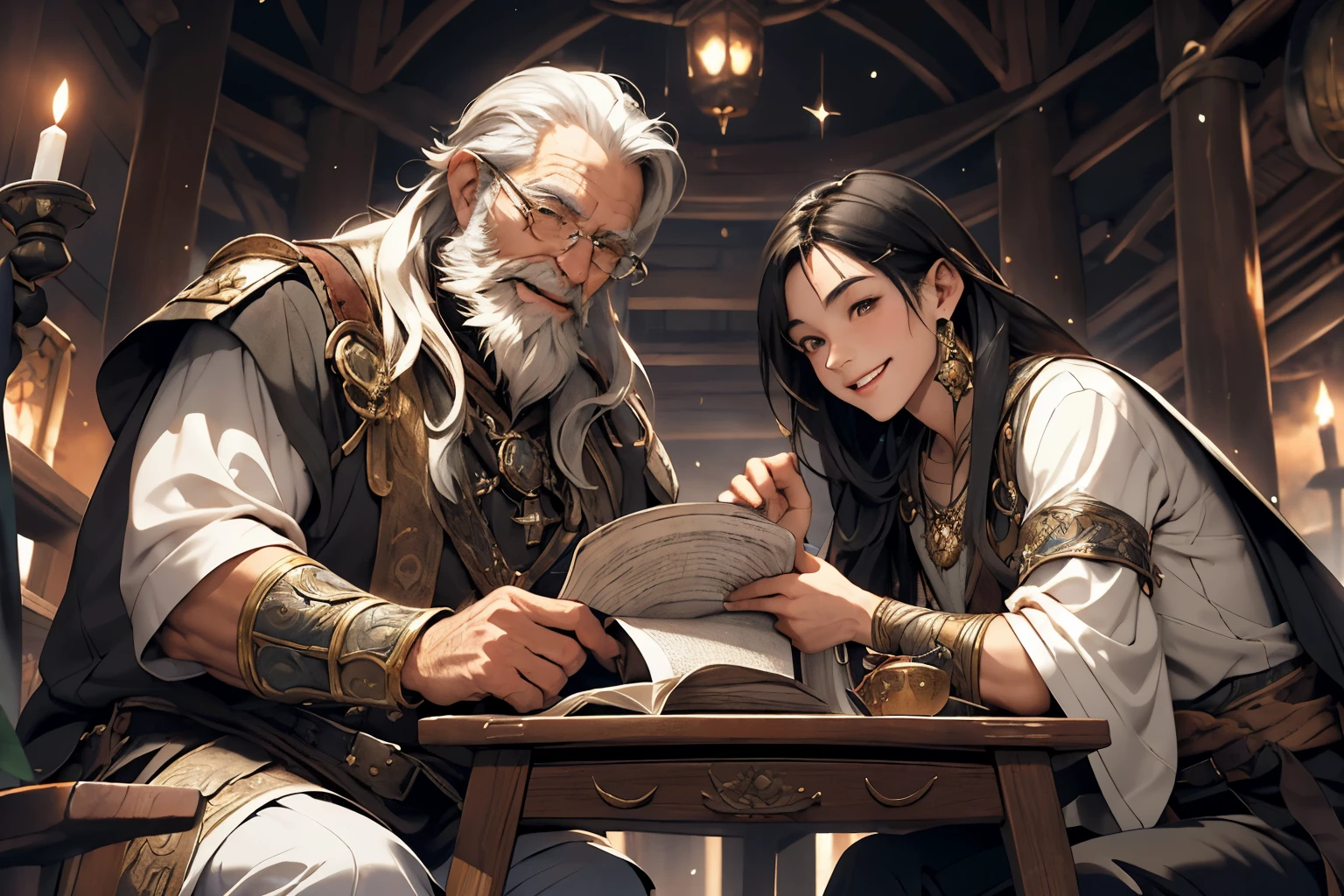 Intriguing fantasy RPG scene featuring a girl with luxurious, flowing black hair engaged in conversation with a wise old man sporting a white beard and long locks, both smiling warmly. Surrounding them, a table adorned with ancient scrolls, notes, and mystical relics sets the enchanted atmosphere. Square orientation for a balanced composition. --s 150 --ar 1:1 --c 5