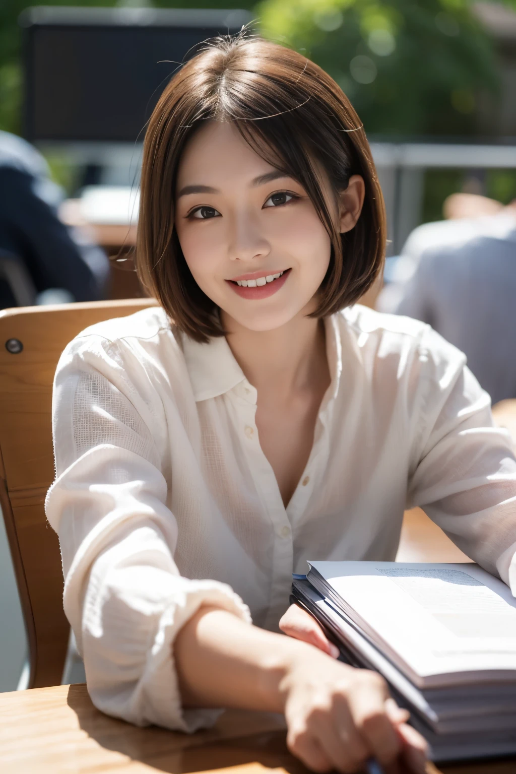 ((top-quality, masterpiece)), 1girl, Facing the front, office lady, light brown hair, very short-haired, smile, in 8K, 85 mm, Raw photo, Bokeh background, in office, a lot of financial reports on the desk