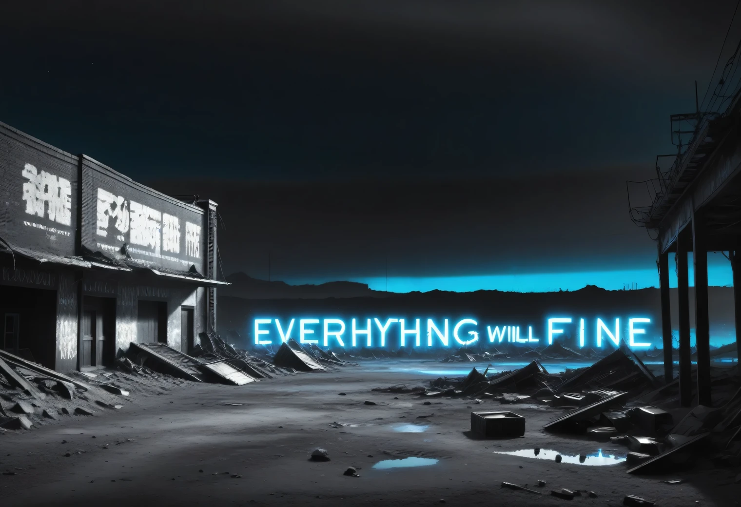 post apocalyptic scene, ruins and dust, gloomy atmosphere, black and white post-apocalyptic landscape, everything is in black and white, only neon sign in bright blue with text "Everything will be fine"