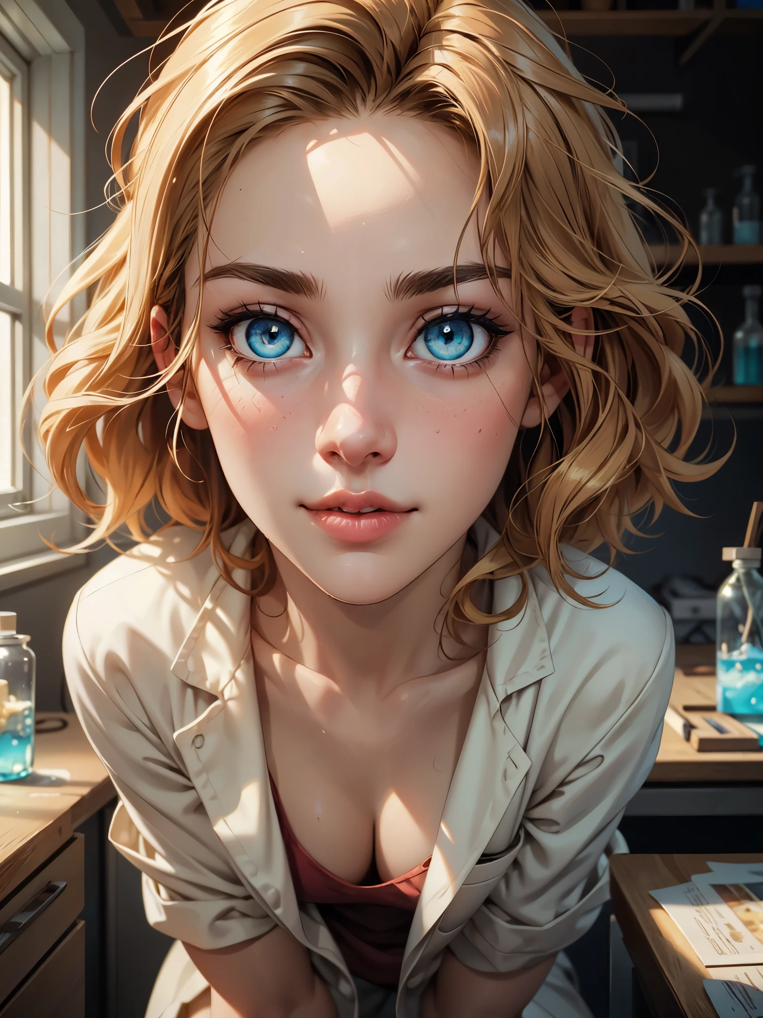 Melancholy lighting, Take it easy, calm, shine, masterpiece, best quality, 1 girl, (JinxLol: 1.2), (ultra photorealistic: 1.3), (masterpiece: 1.4), best quality, ((realistic)), high quality, Ultra Detailed, ((real image)), ((realistic skin)), ((realistic face)), (illustration: 1.05), (beautiful: 1.05), (beautiful detailed eyes: 1.05), (cinematic light: 1.1), full body, accurate proportions, 25-year old girl, CURVY model (wearing sexy lab coat), waves, BLOND hair fluttering in the wind, long legs, slightly open feet, butt, blushing, shyness, clavicle, abs, double texture, beautiful and delicate face, fair skin, real skin, (face detail), couples, super high res, 8k, parameters Best quality, masterpiece, super high res, (Realistic 2.0), more details, detailed skin, wide smile, white teeth, VOLUMINOUS GINGER BLONDIE hair, perfect and well-drawn eyes, girlfriend, cute, pretty, studio illumination, (modern laboratory surronding:1.2), ((PERFECT EVEN EYES:1.4))