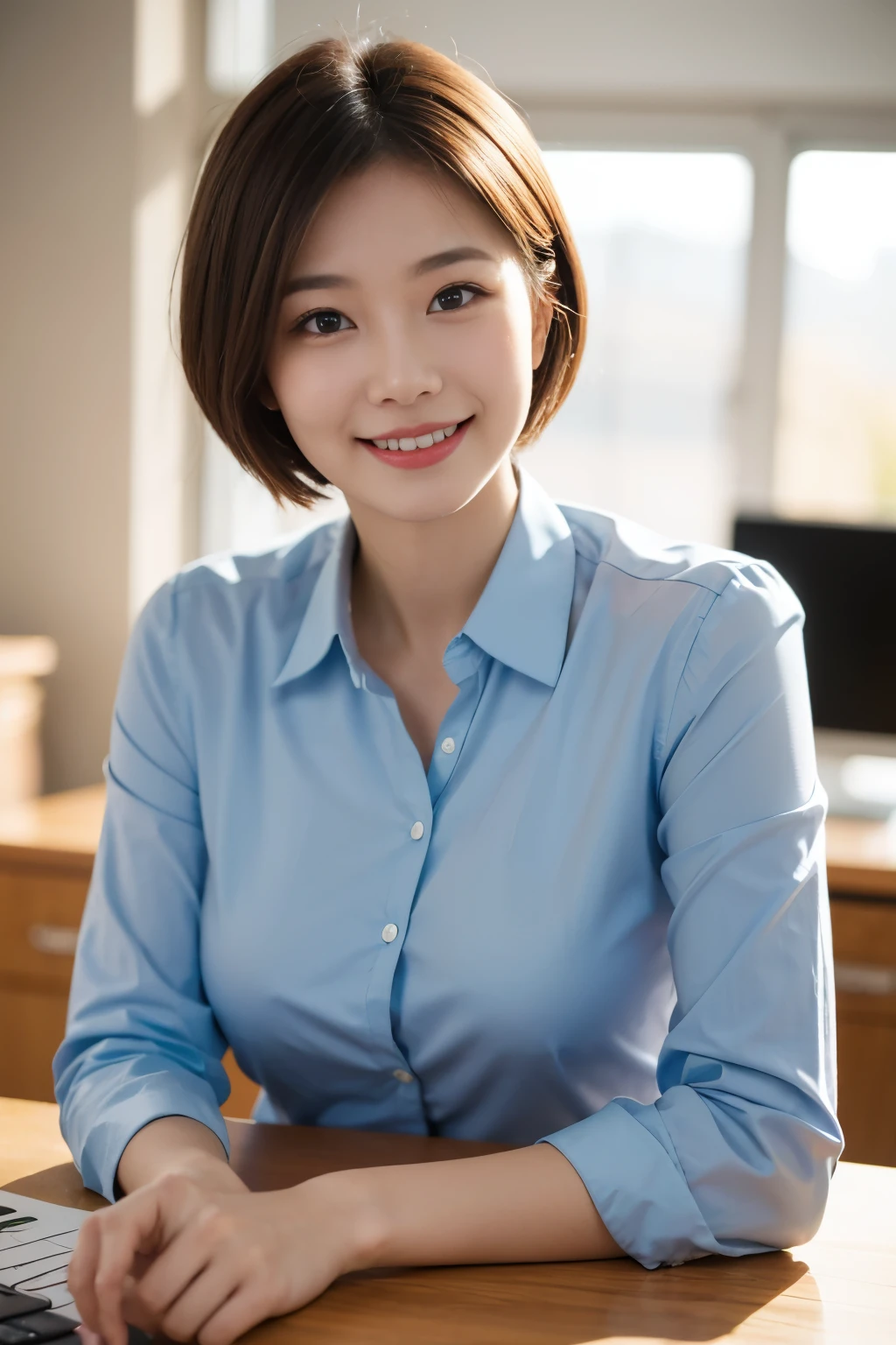 (dramatic angle)(Ultra high definition)(masterpiece)(Textured skin)(Very detailed)(high quality)(最high quality)(First Person View)(16k )Office Lady,1 person,Cute woman,,Black Hair,smile,Short Bob
