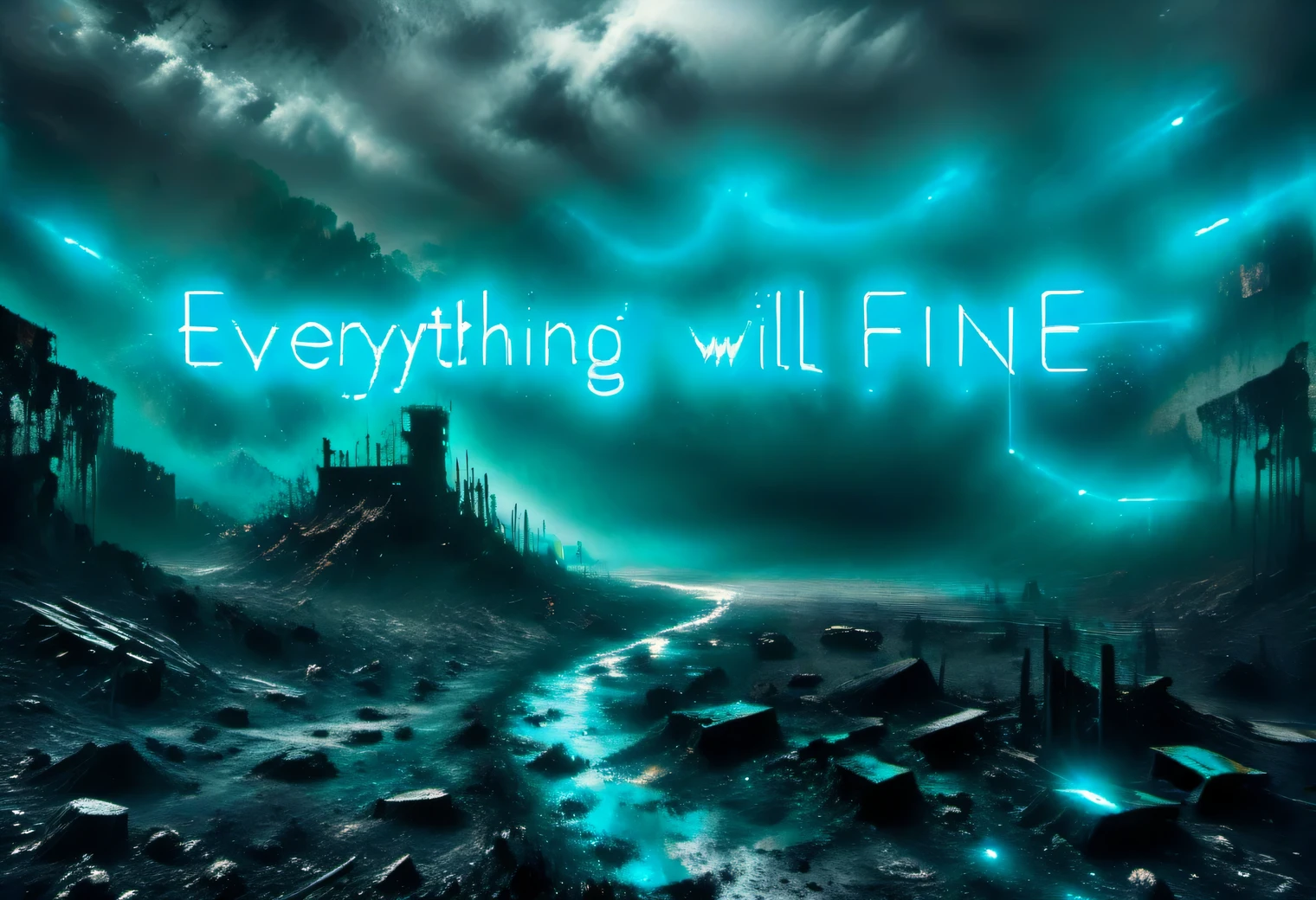 post apocalyptic scene, ruins and dust, gloomy atmosphere, black and white post-apocalyptic landscape, everything is in black and white, only neon sign in bright blue with text "Everything will be fine"