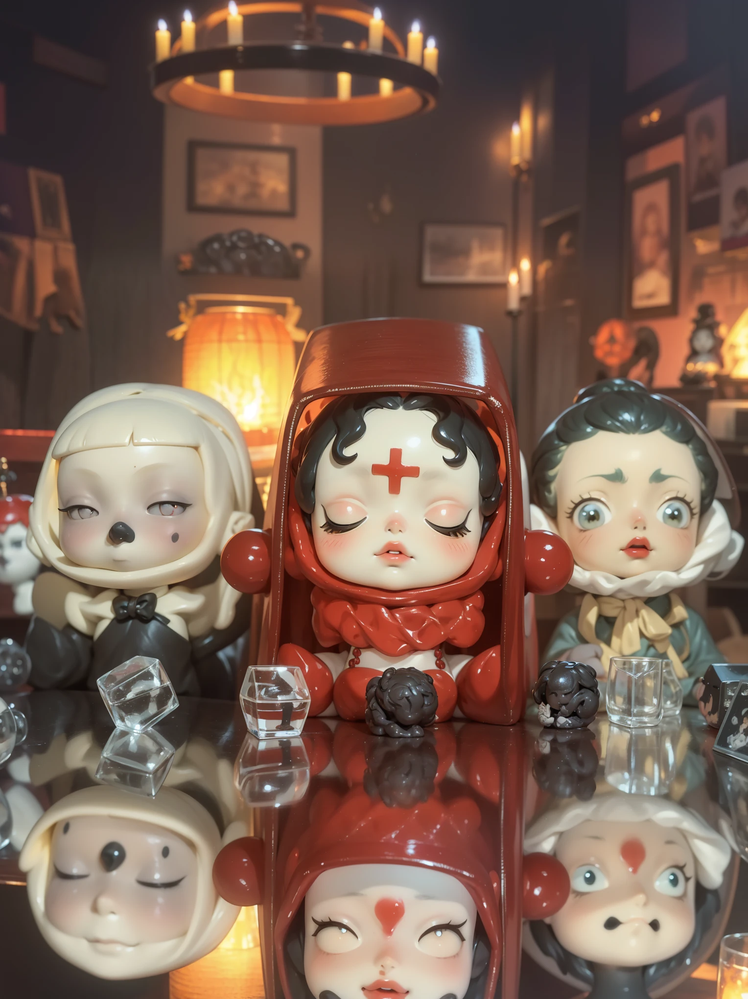 there are a group of dolls sitting on a table with candles, inspired by Nara Yoshitomo, 3 figures as winter spirits, several dolls in one photo, 3 heads, heavy vignette!, vinyl toy figurine, bust shot, guweiz masterpiece, mark ryden in the style of, horror!! highly detailed, resin and clay art, sofubi