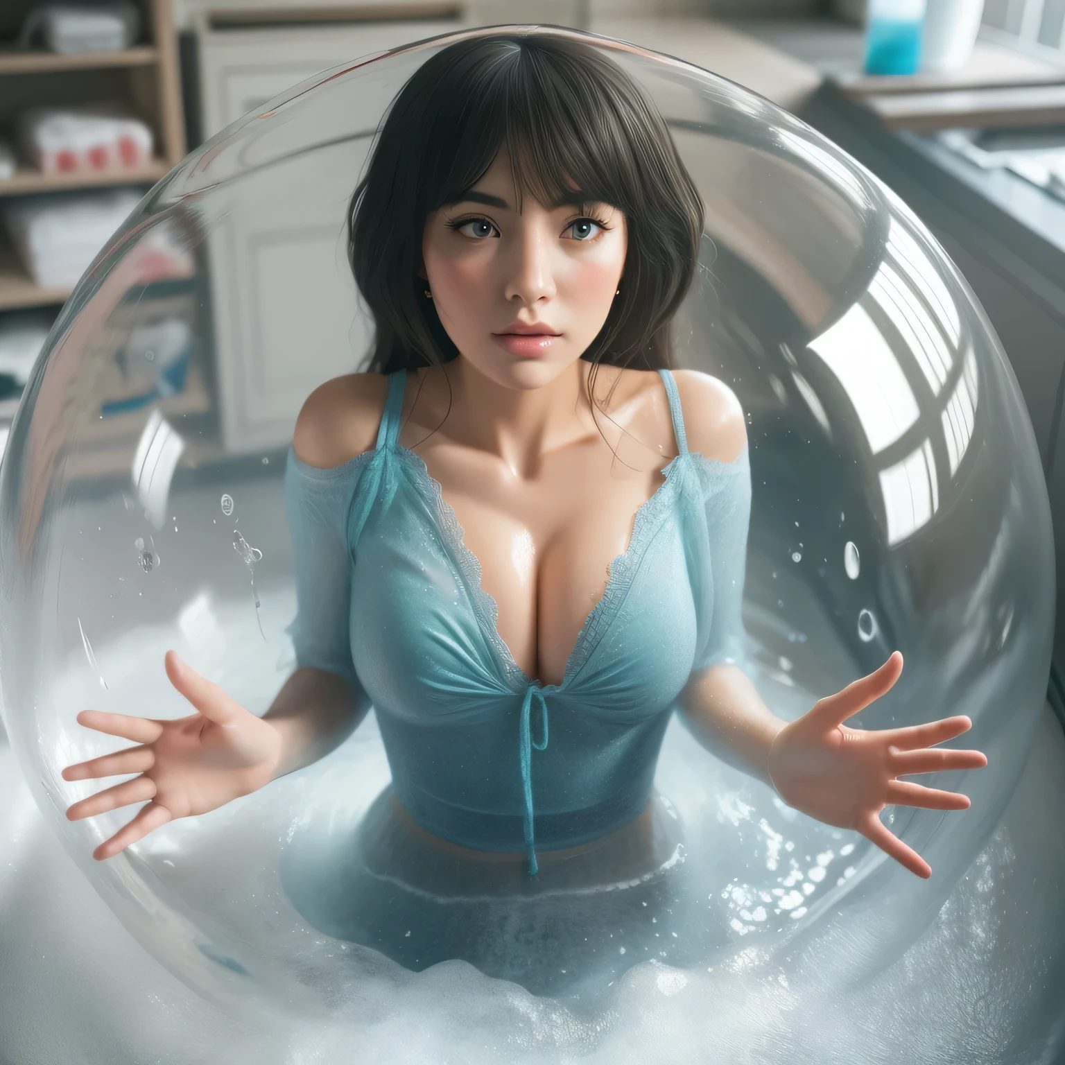 hay una mujer en una burbuja con una cara falsa, estilo anime realista 3d, bubble bath, arte conceptual ultra realista, gorgeous 3D rendering, ultra realistic 3d illustration, anime 3d realista, efectos visuales de burbujas, arte conceptual ultrarrealista, realistic fantasy representation, arte conceptual fotorrealista, burbujeante, The character is covered in liquid.., renderizado hiperreal