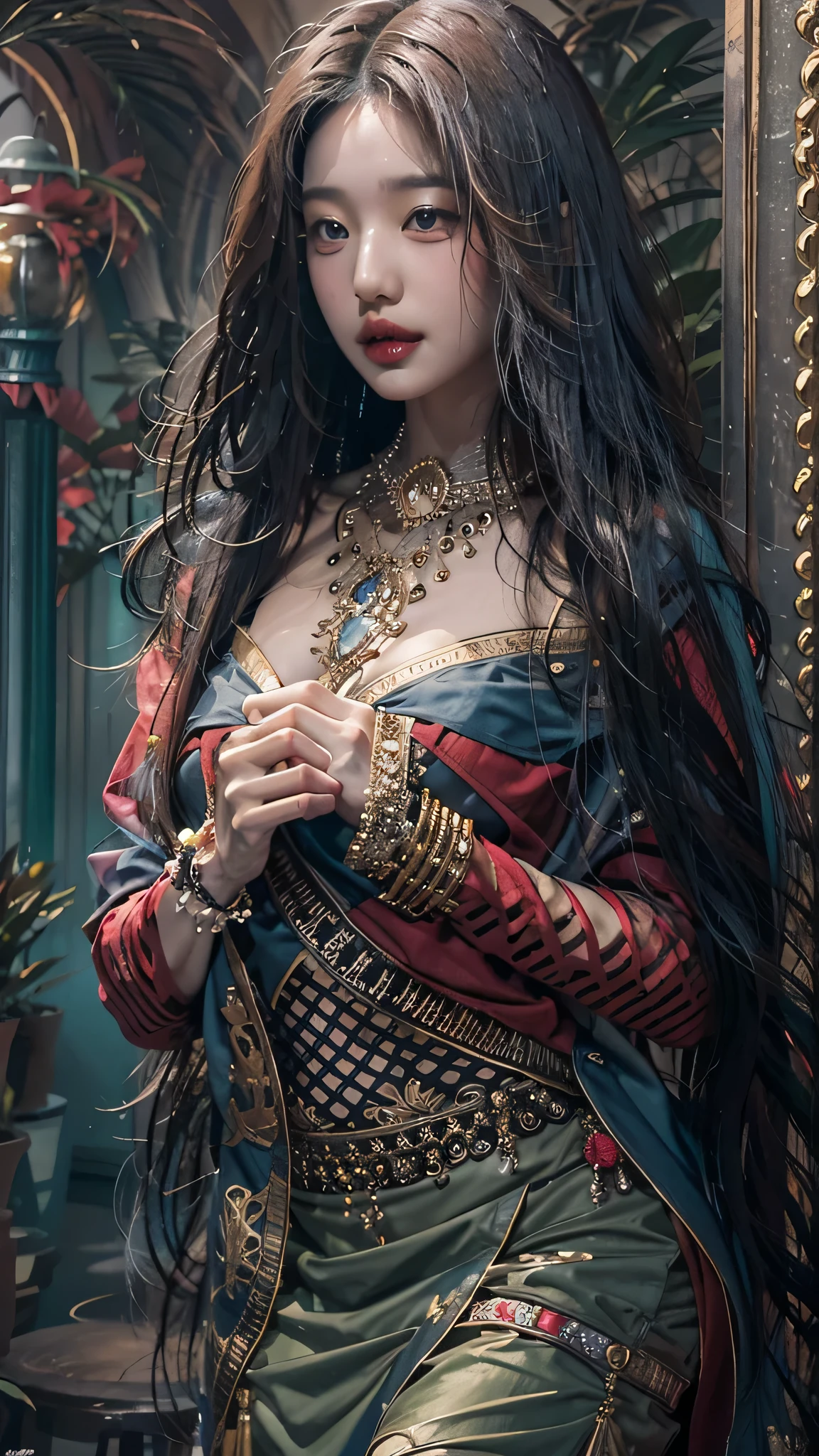 photorealistic, high resolution, soft light,1women, solo, hips up, shinning skin, (detailed face), jewelry, tattoo, super long hair, black hair, long hair