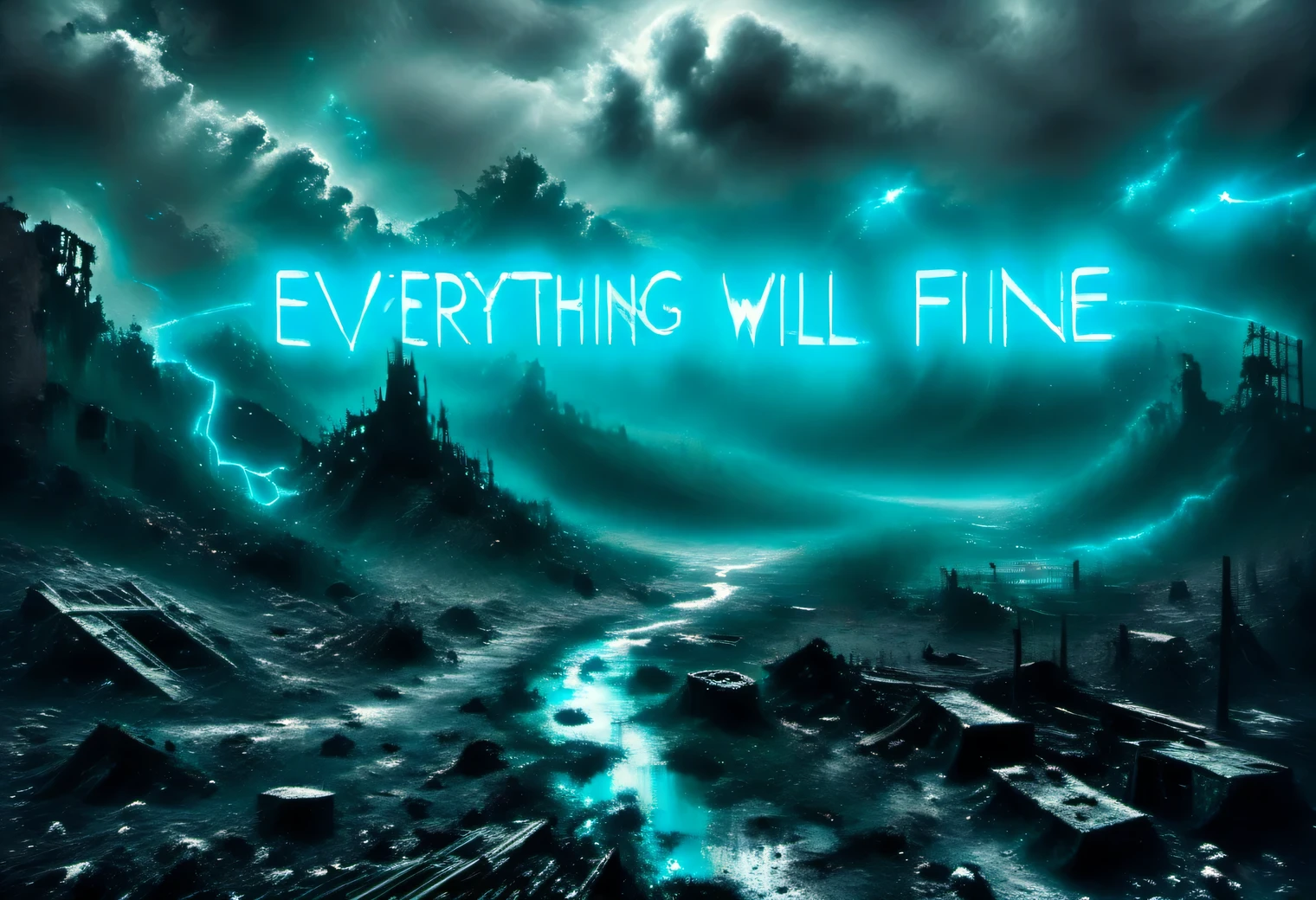post apocalyptic scene, ruins and dust, gloomy atmosphere, black and white post-apocalyptic landscape, everything is in black and white, only neon sign in bright blue with text "Everything will be fine"