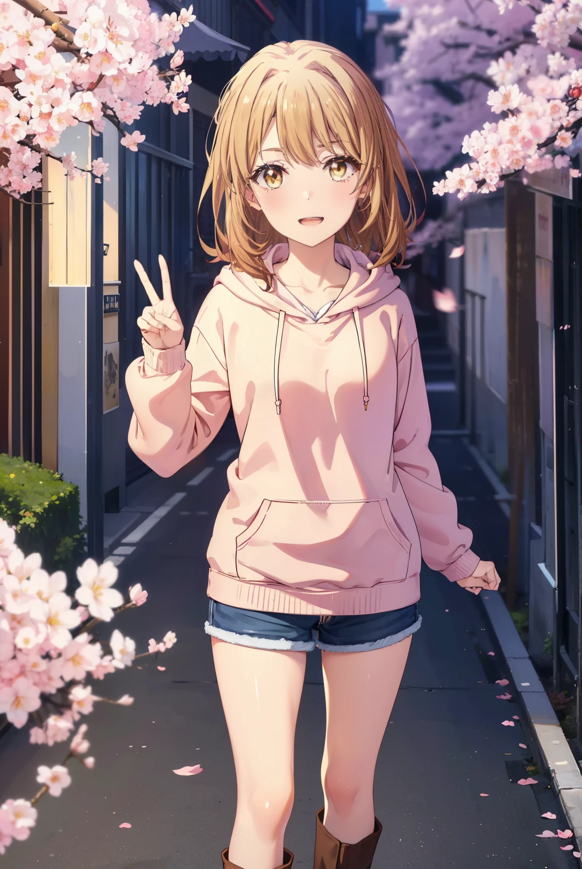 irohaisshiki, iroha isshiki, long hair, brown hair, (brown eyes:1.5), happy smile, smile, open your mouth,Put your hand over your mouth and make a peace sign, 1 girl,towards the camera,pink hoodie hood up,short denim pants,black tights,short boots,standing alone'my back to the wall、The cherry blossoms have bloomed,Cherry blossoms are scattered,
break indoors, Cherry blossom tree-lined path,
break looking at viewer,
break (masterpiece:1.2), highest quality, High resolution, unity 8k wallpaper, (shape:0.8), (fine and beautiful eyes:1.6), highly detailed face, perfect lighting, Very detailed CG, (perfect hands, perfect anatomy),