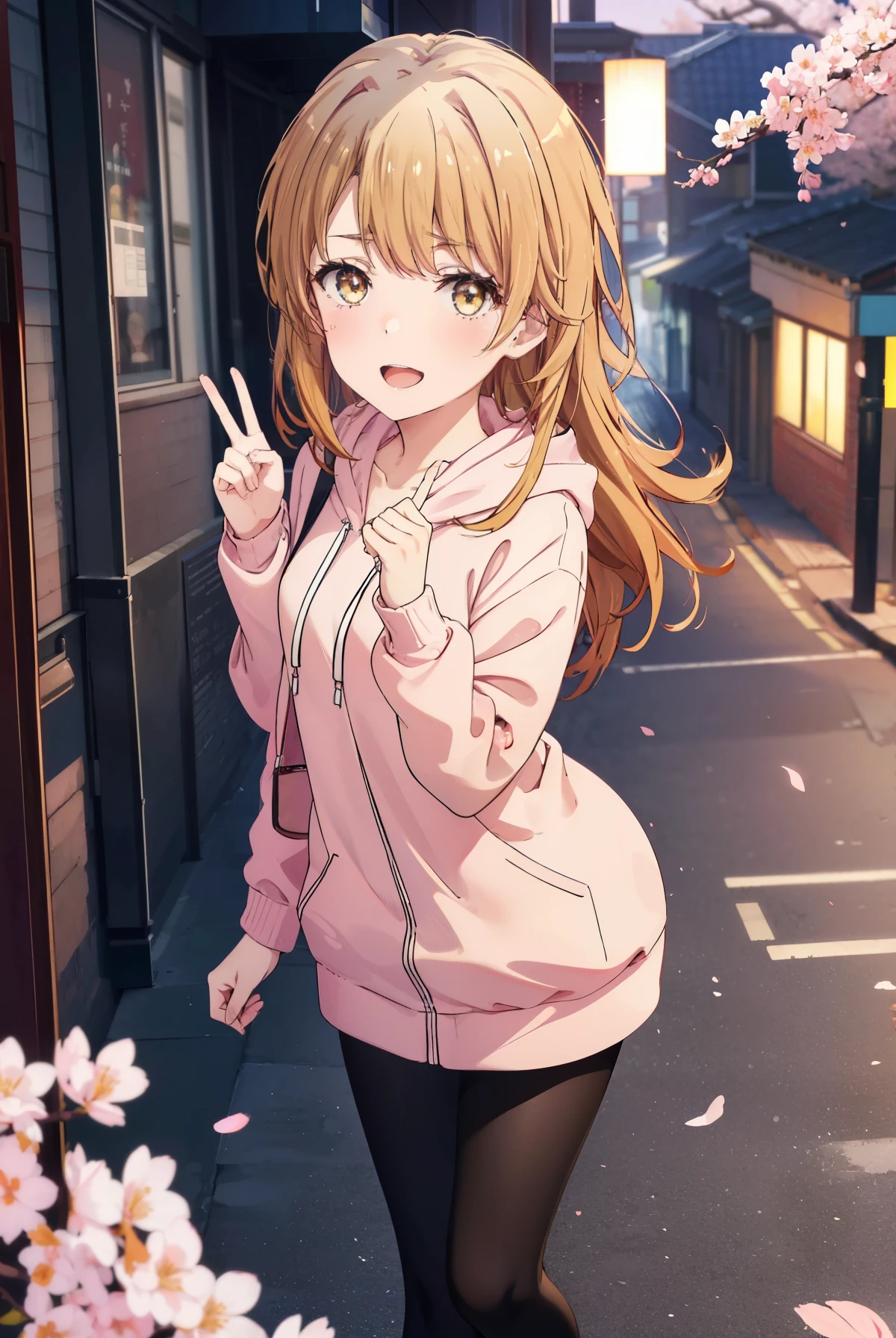 irohaisshiki, iroha isshiki, long hair, brown hair, (brown eyes:1.5), happy smile, smile, open your mouth,Put your hand over your mouth and make a peace sign, 1 girl,towards the camera,pink hoodie　hood up,short denim pants,black tights,short boots,standing alone&#39;my back to the wall、The cherry blossoms have bloomed,Cherry blossoms are scattered,
break indoors, Cherry blossom tree-lined path,
break looking at viewer,
break (masterpiece:1.2), highest quality, High resolution, unity 8k wallpaper, (shape:0.8), (fine and beautiful eyes:1.6), highly detailed face, perfect lighting, Very detailed CG, (perfect hands, perfect anatomy),