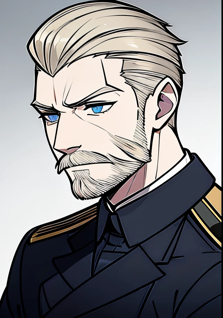 Young Adult male, white and tender skin, pale blonde slicked back combed short hair, kaisermustache, ducktail beard, steel blue eyes, green and slightly mature, serious and emotionless facial expression,wearing world war 2 era german fatigues, portrait style, facing forwards