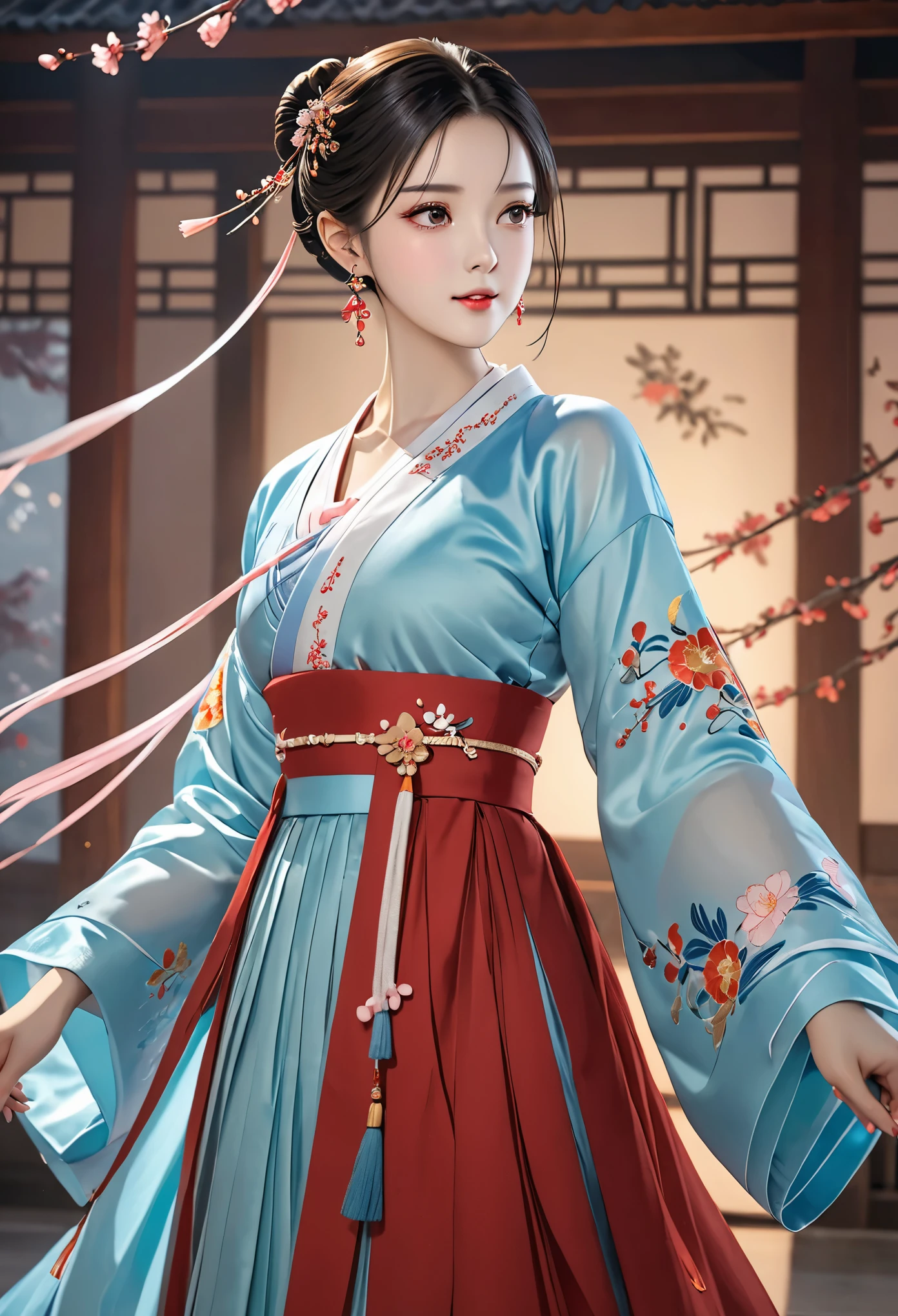 Realistic: 1.3, Masterpiece, Highest Quality, High Resolution, Details: 1.2, 1 Girl, Bun, Hairpin, Beautiful Face, Delicate Eyes, Tassel Earrings, Necklaces, Bracelets, Hanfu, Su Embroidered Hanfu, Streamers, Ribbons, Elegant Stand Posture, Aesthetics, Movie Lighting, Ray Tracing, Depth of Field, Layering,Fluttering, Hanfu, qingsha