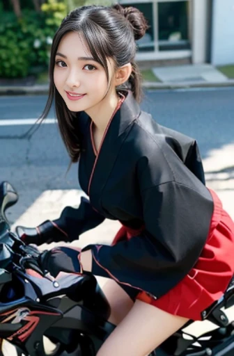 best quality, detailed, beautiful, insanely detailed, absurdres,perfect anatomy,
Japanese woman,black hair,27 years old,
(slender),
(small breasts),
full body shot, smiling, (riding motorcycle), (Scene running with GPZ900R Ninja:1.3), hair bun, (miko:1.1),red hakama,hakama skirt, japanese clothes, kimono,wide sleeves,white kimono, black hair ,hair ornament, hairclip, on the street, (high angle shot:1.3)