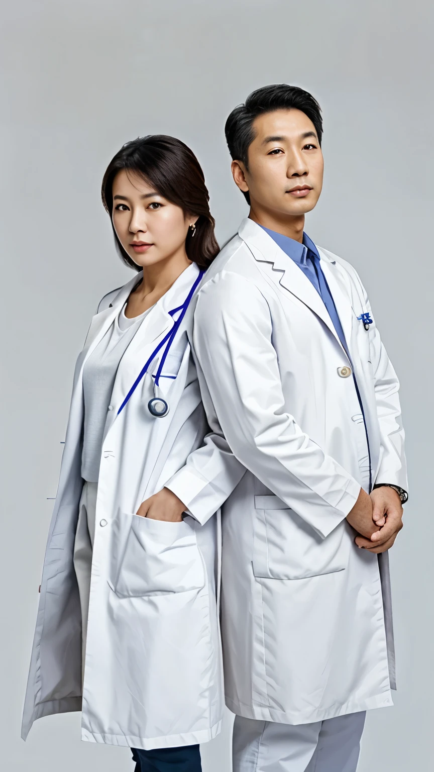 Two mature Asian male and female doctors with stethoscopes,Wear a white coat,Nikon,full body portrait,Delicate face,HD,realistic image of doctor, dejarleco, Charming, solid color background