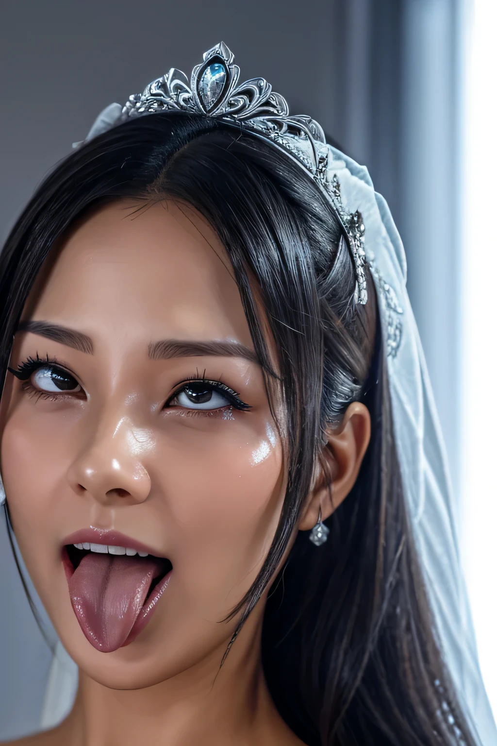 1 miniature Beautiful beautiful woman - Yuan Sayuki, ((top quality, 8K, Masterpiece:1.retty woman, 1 woman, huge breasts:1.3, a slim body:1.1, lush white Long hair, (shower, wet body, wet clothes:1.1), very detailed face, detailed lips, detailed eyes, double eyelids, Detailed blue eyes, чрезвычайно Detailed Outstanding Blue Eyes, short white wet hair, white wet hair, Detailed Outstanding Blue Eyes, innocent look at the viewer, very wet wavy white hair, Detailed Outstanding Blue Eyes, huge cross earrings, Outdoors, badges behind, gothic wedding uniform, sexy gothic style wedding dress with veil, bare chest, huge chest tattoo wearing a wreath, detailed huge earrings, chest tattoo, Outside - there are trees and a buddhist temple in the background, wear a silver cross (Detailed cross shape), reality mode, wet breasts, black necklace, black wedding dress and black veil, human crowd behind, head/forehead chain veil, black latex gloves, naked breasts, naked breasts, naked nipples, hair of white snowy colour, night time, red neon lights, demonic nun, horns, detailed dick, accurately depicted blowjob