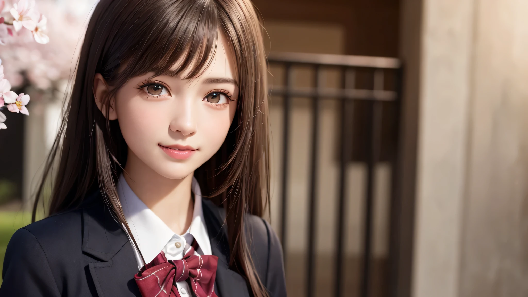 (1 young girl), 15 years, brown eyes, (very detailed美しい顔), (high school uniform:1.2), (highest quality), (very detailed CG 統合 8k 壁紙), very detailed, High resolution raw color photos, professional photography, realistic portrait, evening, very high resolution, smile, cherry blossoms,