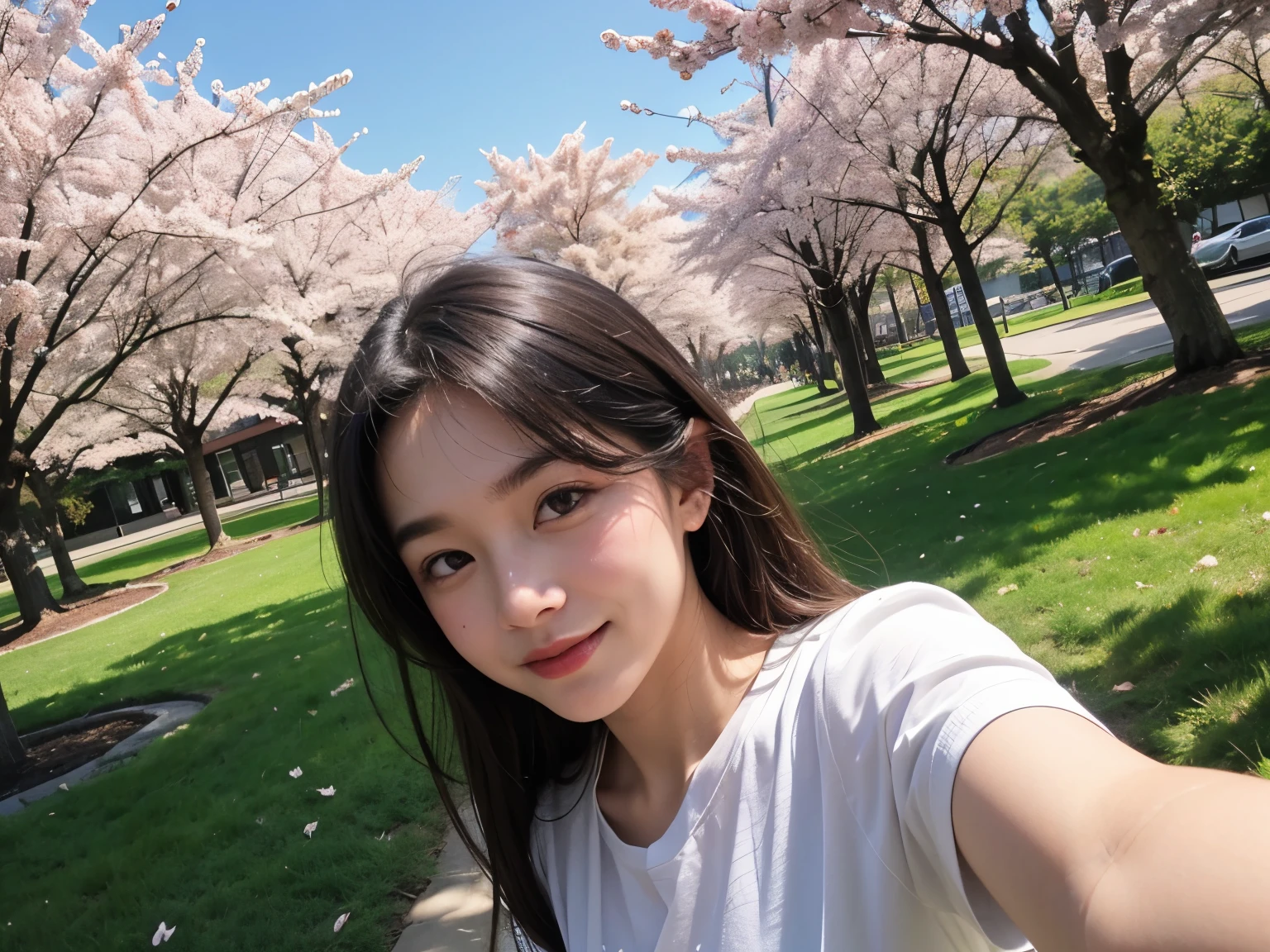 Surrounded by cherry blossoms as petals fall gently, super Wide Angle Shot: Pull the camera back from the subject, high Angle Selfie