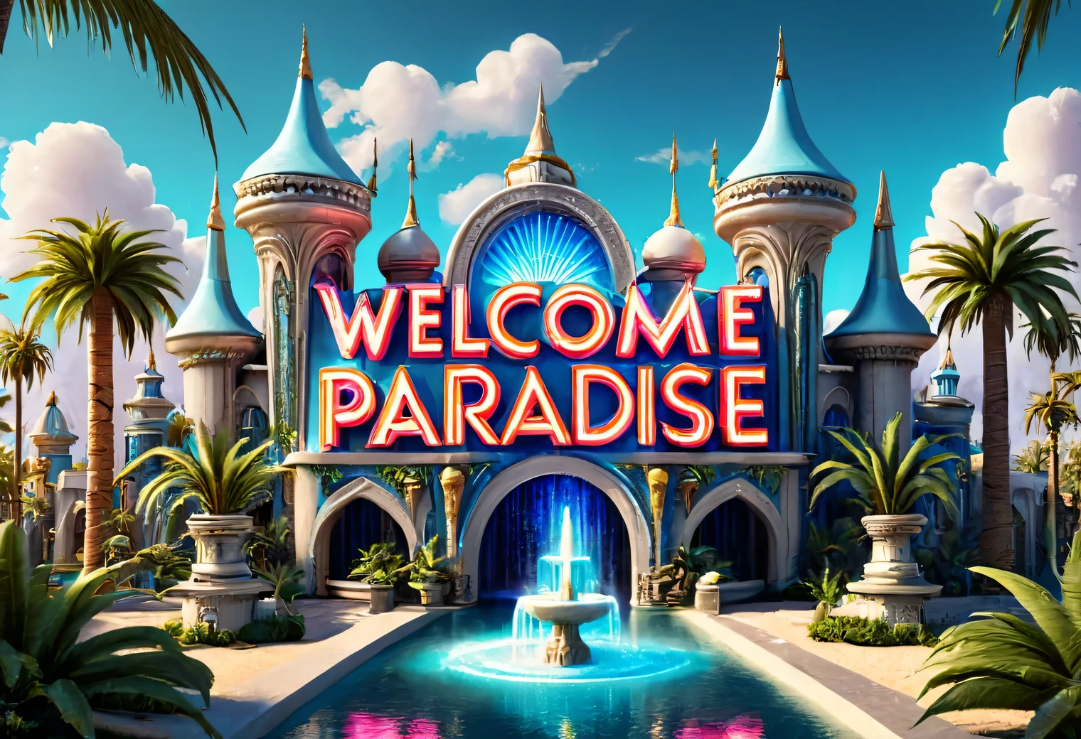 Paradise World - an oasis with palm trees and fountains in the middle of a desert with sand and drought.. The sky is filled with blue flowers and white clouds., The sun is shining brightly, a beautifully carved and elegant castle made of warm white marble stands among an oasis with palm trees and fountains, birds of paradise, large neon sign with text "WELCOME TO PARADISE" stands in the city:1.5055, the city is shown in detail, high texture smoothing, high resolution objects, 32 thousand., hyper detail, Surreal sci-fi style, DAZ 3D, Realistic brush strokes, Unreal engine 5, Ultra-realistic rendering of details, Stunningly realistic graphics, Very detailed photos