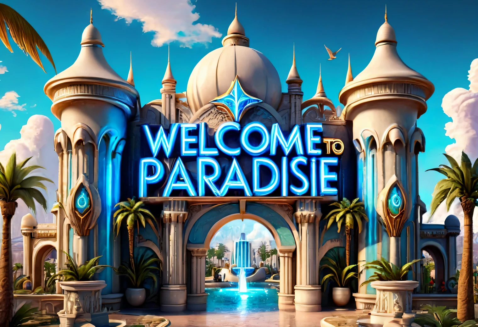 Paradise World - an oasis with palm trees and fountains in the middle of a desert with sand and drought.. The sky is filled with blue flowers and white clouds., The sun is shining brightly, a beautifully carved and elegant castle made of warm white marble stands among an oasis with palm trees and fountains, birds of paradise, large neon sign with text "WELCOME TO PARADISE" stands in the city:1.5055, the city is shown in detail, high texture smoothing, high resolution objects, 32 thousand., hyper detail, Surreal sci-fi style, DAZ 3D, Realistic brush strokes, Unreal engine 5, Ultra-realistic rendering of details, Stunningly realistic graphics, Very detailed photos