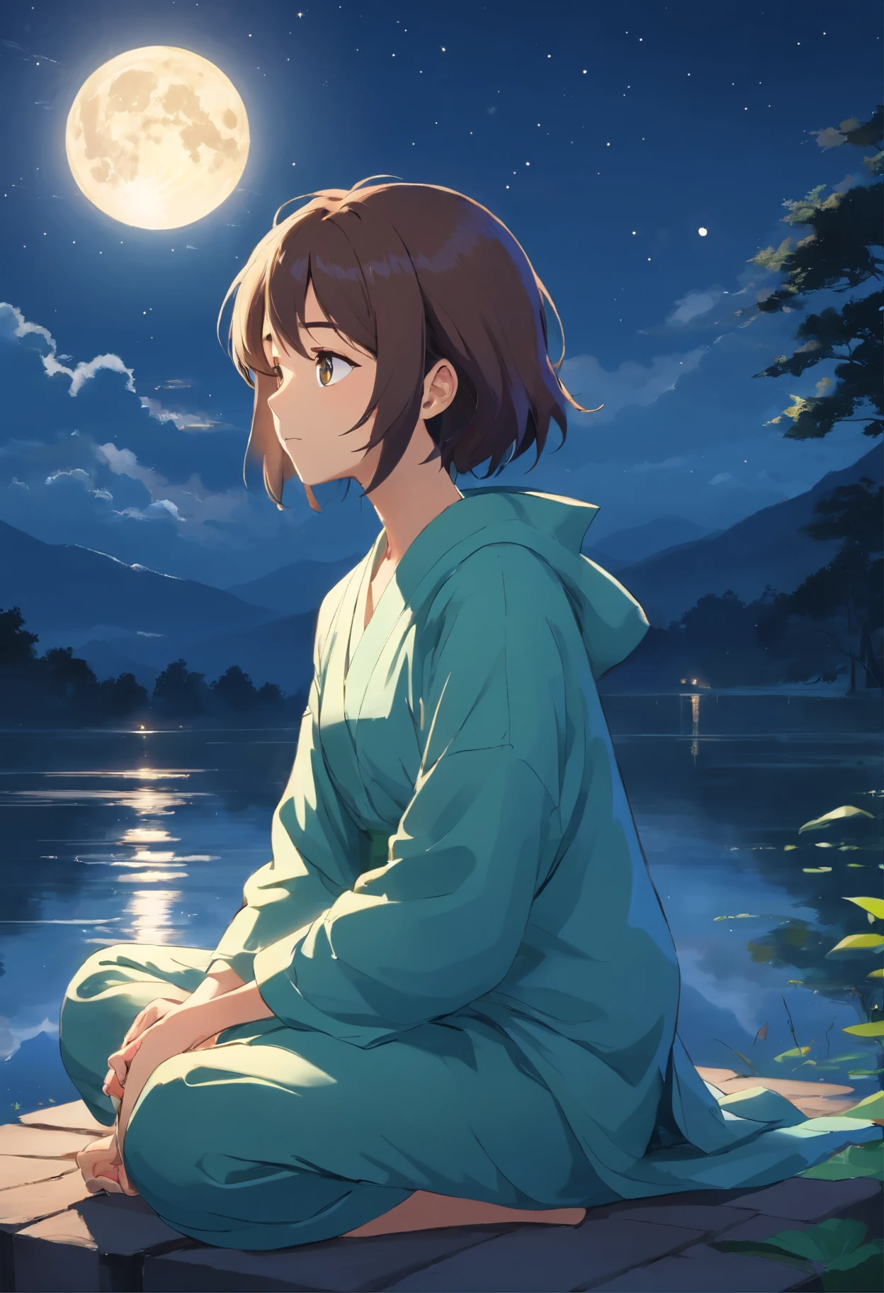 Digitally drawn portrait of a person with closed eyes, Tilt your head toward the bright full moon. The moonlight dyes the person's calm face a calm blue.。., Emphasis on inner stillness and Zen expression. Stars shine gently against the night sky. The surrounding scenery is calm, There is a lake reflecting moonlight near a person who is sitting quietly in lotus pose. his hands are on his knees, A face that represents deep meditation and serenity. The overall atmosphere of the painting is relaxing., bright and focused, Exactly、The inner peace that the subject feels within、It's like radiating outward under the meditative moonlight。.. It has an atmospheric style, elegant and relaxing.Create realistic images of werewolves and robizons