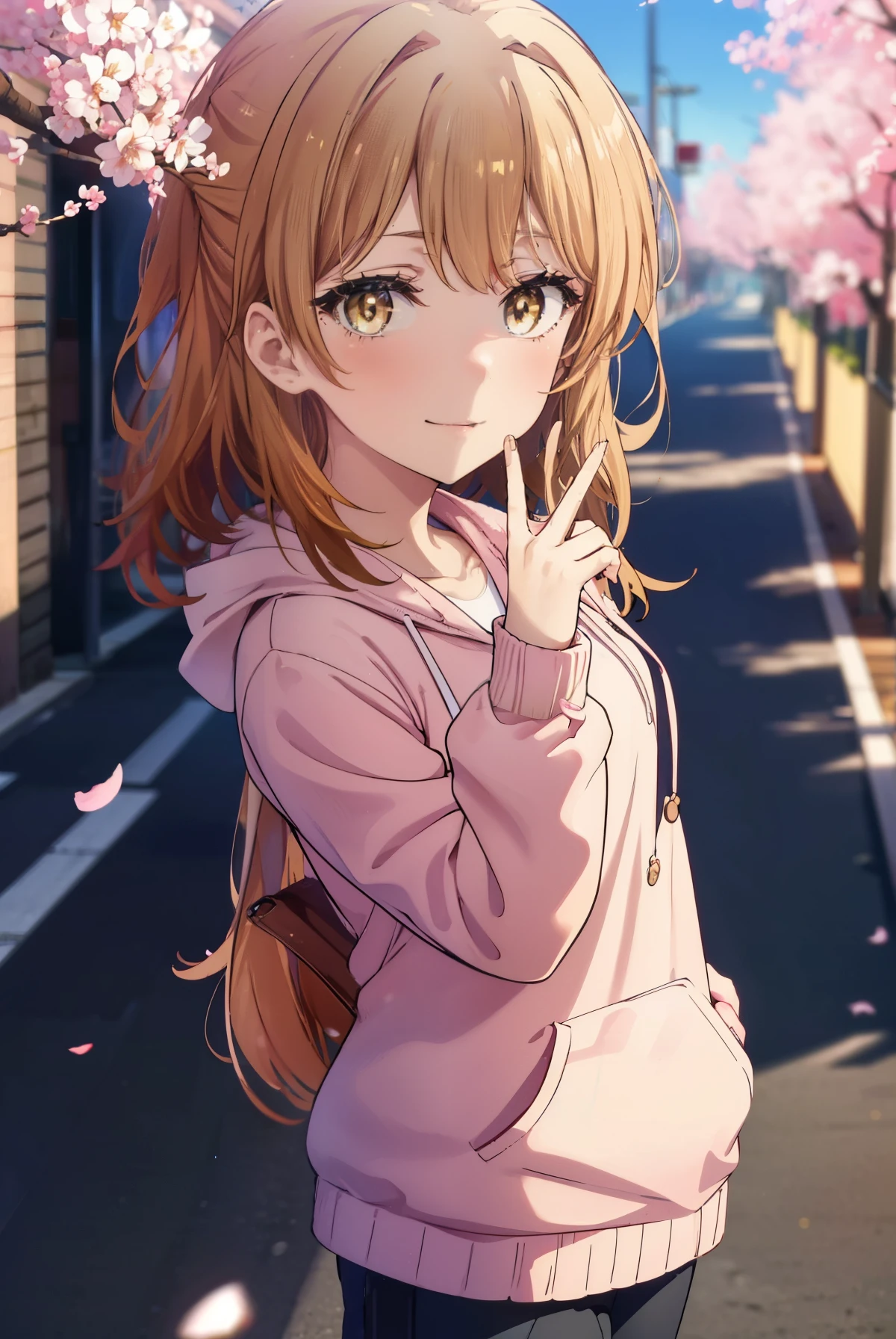 irohaisshiki, iroha isshiki, long hair, brown hair, (brown eyes:1.5), happy smile, smile, open your mouth,Put your hand over your mouth and make a peace sign, 1 girl,towards the camera,pink hoodie hood up,short denim pants,black tights,short boots,standing alone'my back to the wall、The cherry blossoms have bloomed,Cherry blossoms are scattered,
break indoors, Cherry blossom tree-lined path,
break looking at viewer,Upper body,
break (masterpiece:1.2), highest quality, High resolution, unity 8k wallpaper, (shape:0.8), (fine and beautiful eyes:1.6), highly detailed face, perfect lighting, Very detailed CG, (perfect hands, perfect anatomy),