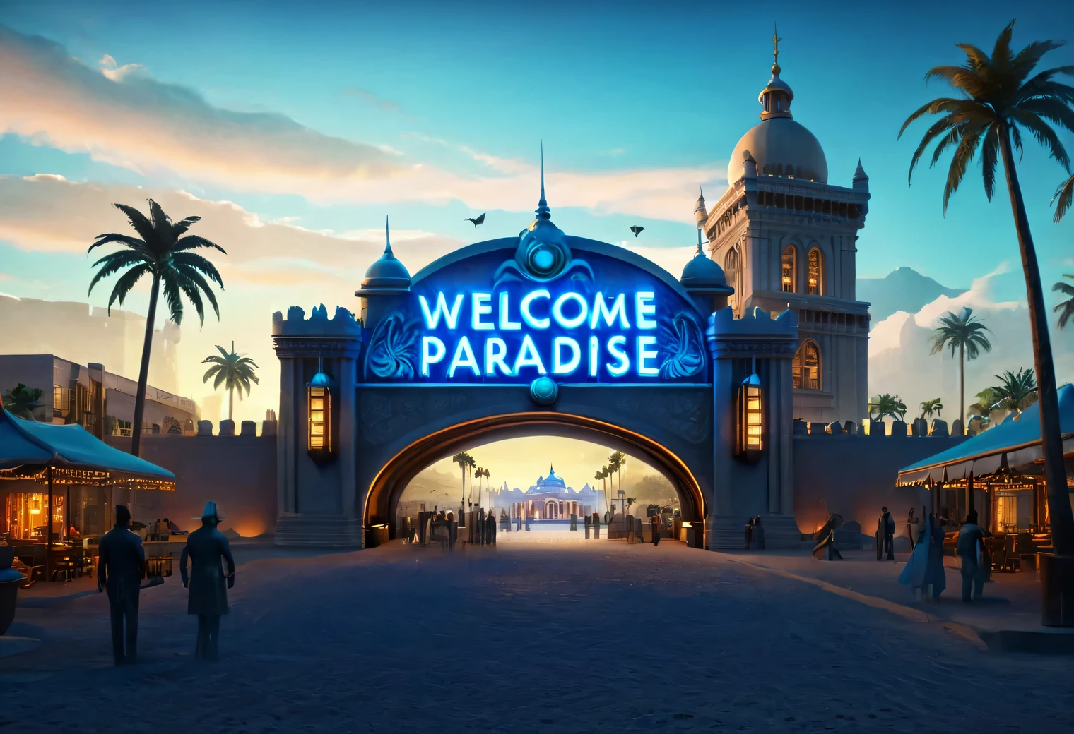 Paradise World - an oasis with palm trees and fountains in the middle of a desert with sand and drought.. The sky is filled with blue flowers and white clouds., The sun is shining brightly, a beautifully carved and elegant castle made of warm white marble stands among an oasis with palm trees and fountains, birds of paradise, large neon sign with text "WELCOME TO PARADISE" stands in the city:1.5055, the city is shown in detail, high texture smoothing, high resolution objects, 32 thousand., hyper detail, Surreal sci-fi style, DAZ 3D, Realistic brush strokes, Unreal engine 5, Ultra-realistic rendering of details, Stunningly realistic graphics, Very detailed photos