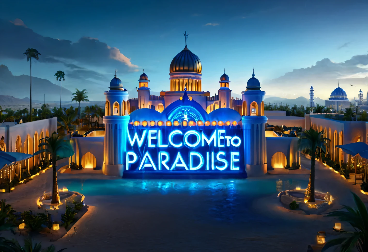 Paradise World - an oasis with palm trees and fountains in the middle of a desert with sand and drought.. The sky is filled with blue flowers and white clouds., The sun is shining brightly, a beautifully carved and elegant castle made of warm white marble stands among an oasis with palm trees and fountains, birds of paradise, large neon sign with text "WELCOME TO PARADISE" stands in the city:1.5055, the city is shown in detail, high texture smoothing, high resolution objects, 32 thousand., hyper detail, Surreal sci-fi style, DAZ 3D, Realistic brush strokes, Unreal engine 5, Ultra-realistic rendering of details, Stunningly realistic graphics, Very detailed photos