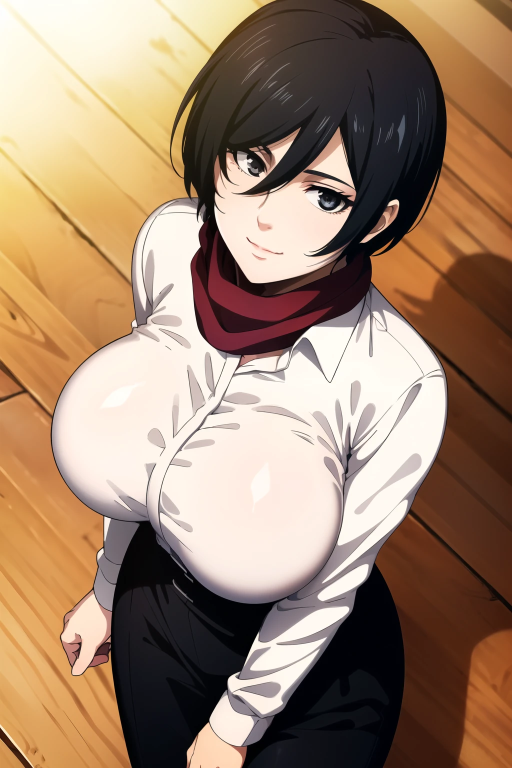 Standing on a wood floor,
collared shirt, long sleeves, black pants, from above, 
Red  scarf around her neck,
black eyes, black hair, Short_hair,Hair between eyes, 
1 girl, 20yo,Young female,Beautiful Finger,Beautiful long legs,Beautiful body,Beautiful Nose,Beautiful character design, perfect eyes, perfect face,expressive eyes,perfect balance,
looking at viewer,(Focus on her face),closed mouth, (innocent_big_eyes:1.0),Light_Smile,
official art,extremely detailed CG unity 8k wallpaper, perfect lighting,Colorful, Bright_Front_face_Lighting,shiny skin, 
(masterpiece:1.0),(best_quality:1.0), ultra high res,4K,ultra-detailed,
photography, 8K, HDR, highres, absurdres:1.2, Kodak portra 400, film grain, blurry background, bokeh:1.2, lens flare, (vibrant_color:1.2),professional photograph, 
(Beautiful,large_Breasts:1.4), (beautiful_face:1.5),(narrow_waist),