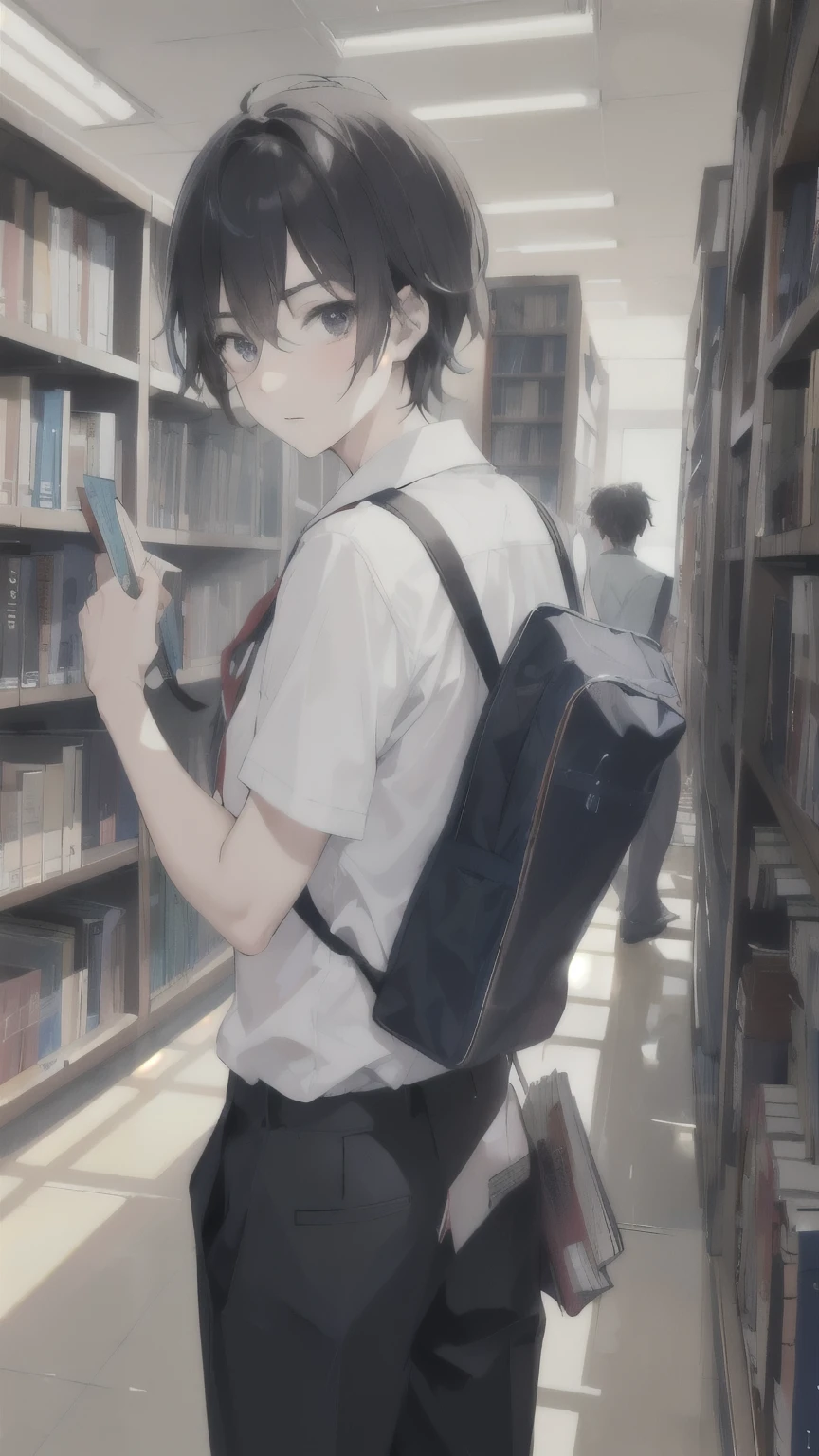 Create an image of cute famous , confident and bookworm japense high school boy he is hot and he enters the library show from back that he enters a big library 