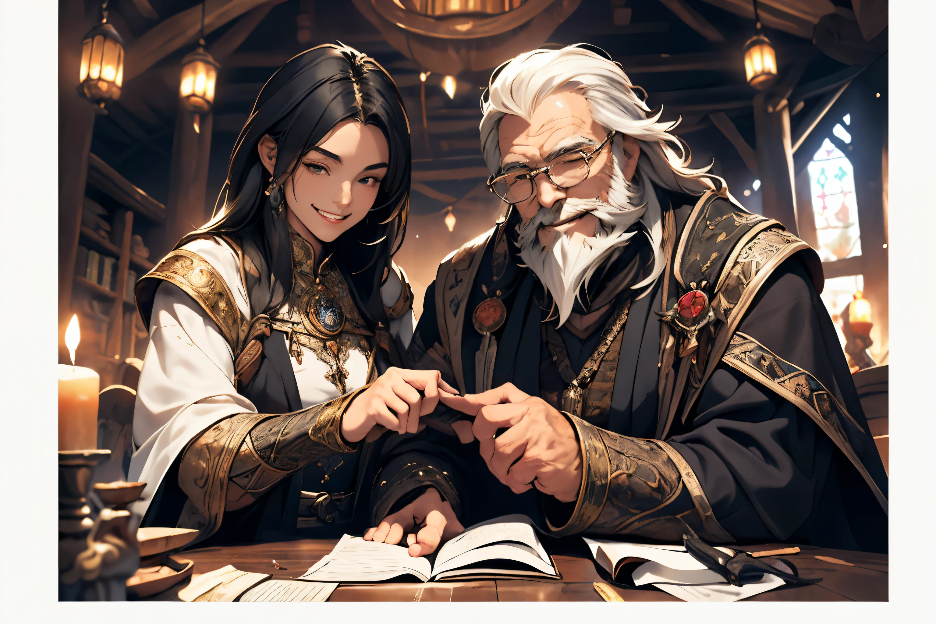 Intriguing fantasy RPG scene featuring a girl with luxurious, flowing black hair engaged in conversation with a wise old man sporting a white beard and long locks, both smiling warmly. Surrounding them, a table adorned with ancient scrolls, notes, and mystical relics sets the enchanted atmosphere. Square orientation for a balanced composition. --s 150 --ar 1:1 --c 5