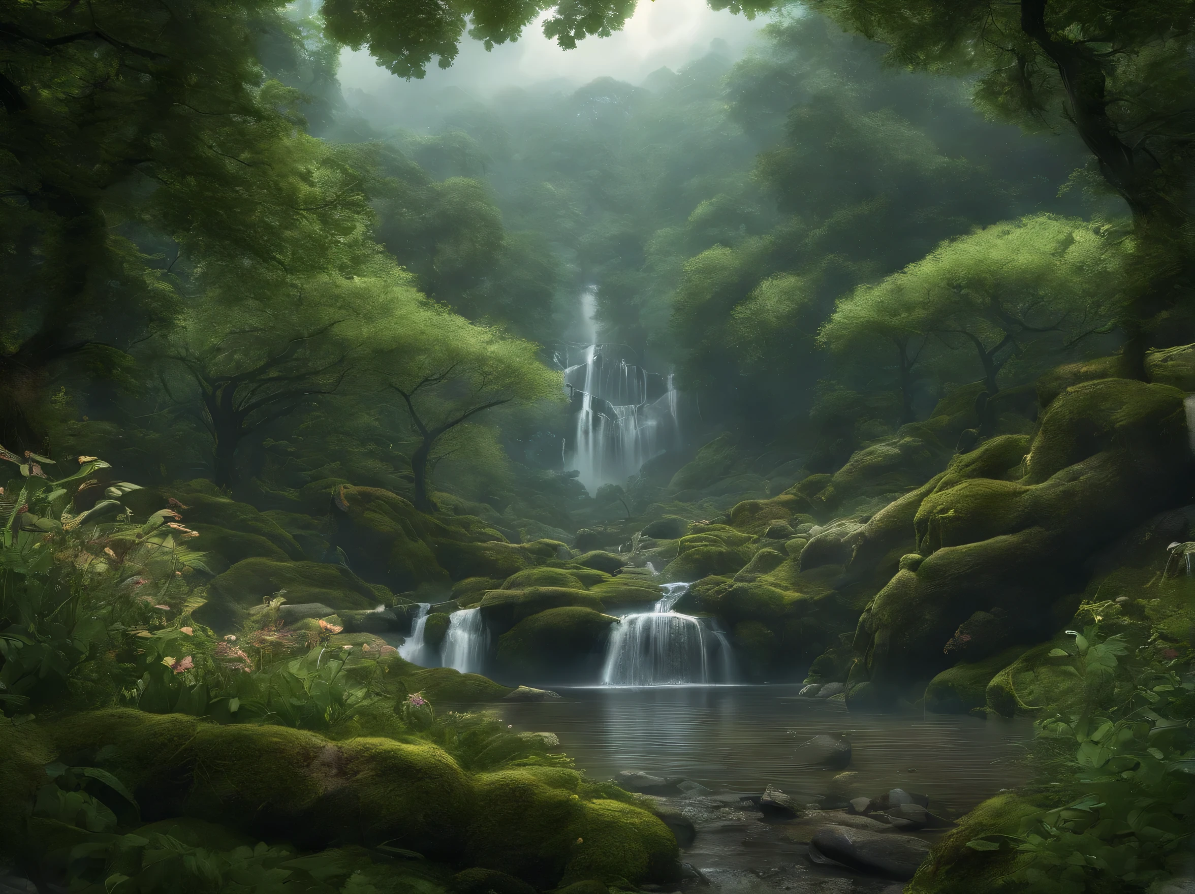 In the primeval forest under heavy rain, The rain is as follows. The boundless forest sea is lush and green, Block people's sight. When entering the forest, Towering ancient trees appear one after another. The path by the lake is surrounded by three steps, One peach and five steps, A willow tree. it's charming. The slender and soft branches and leaves are blown by the wind and rain, And spit out green beads. trees are spinning, smoke and green mist. The forest is full of flowers, waterfall pouring down, The stream is flowing, surreal art, 8K. Artistic style is a depiction of nature, Emphasize the darkness and quiet of the primeval forest, Exquisite details, soft ambient light, --4:3--Stylized 600