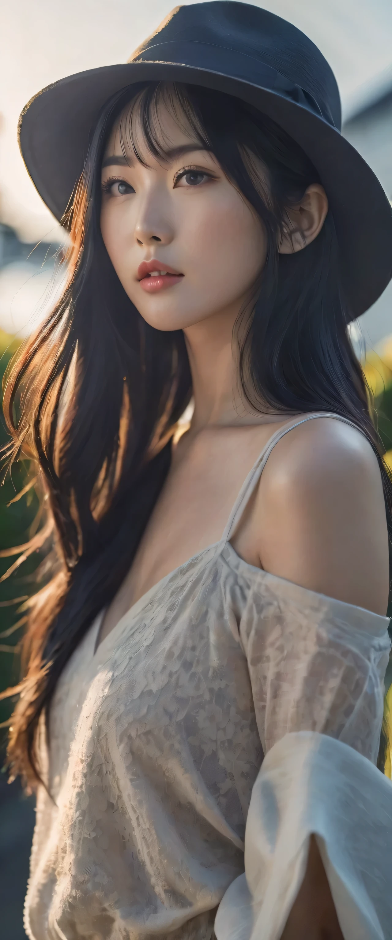 Good-looking Japanese woman with long black hair wearing a hat, dressed in a cool fashion style on a holiday, background There were a lot of people outside, but the model didn't pay attention to those people. When they saw it, they thought of the resolution of the picture, sharpness of light, and sharp shadows. The model's face from head to knees does not float, it is natural, there are no distractions. Model