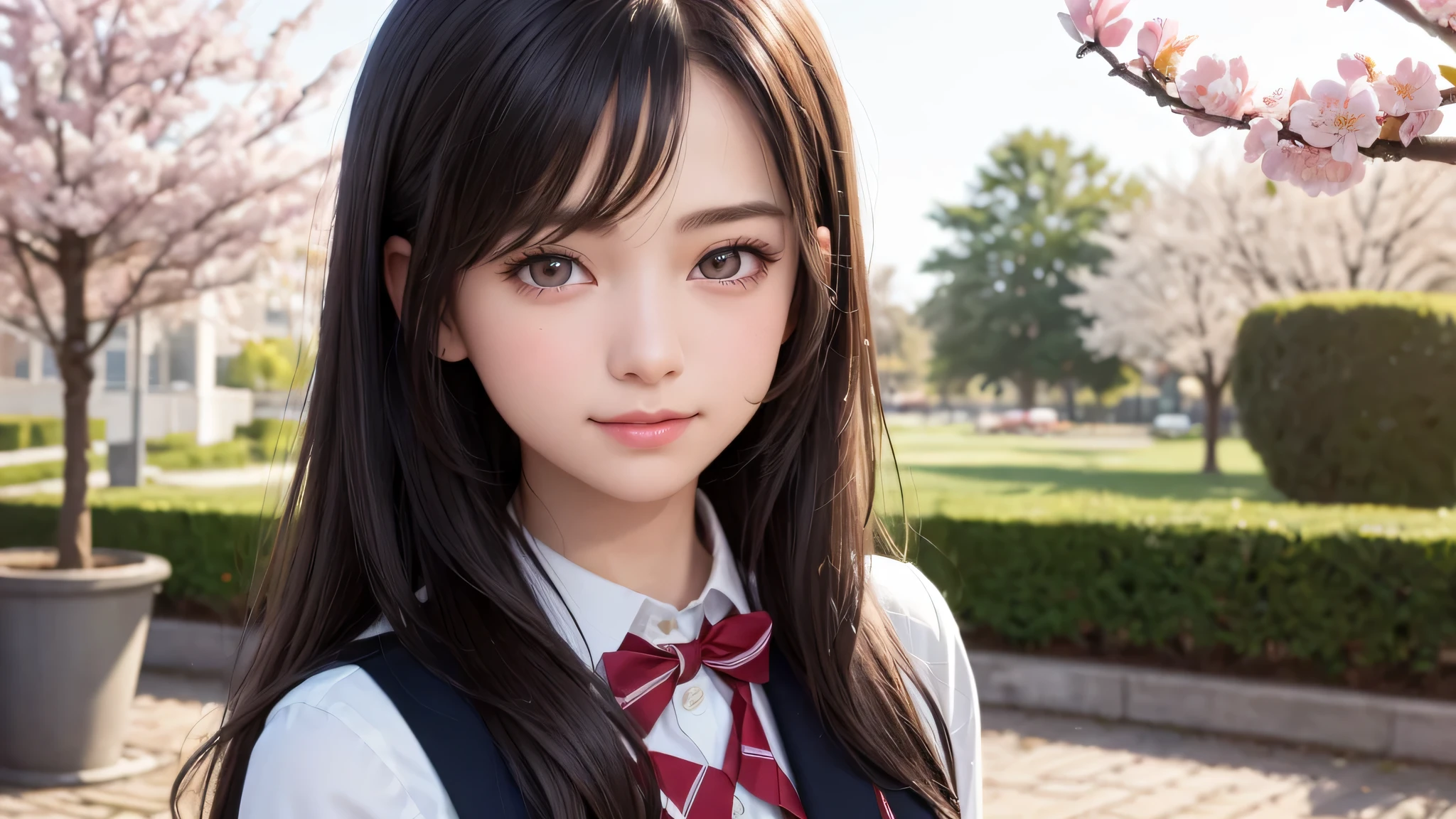 (1 young girl), 15 years, brown eyes, (very detailed美しい顔), (high school uniform:1.2), (highest quality), (very detailed CG 統合 8k 壁紙), very detailed, High resolution raw color photos, professional photography, realistic portrait, evening, very high resolution, smile, cherry blossoms,