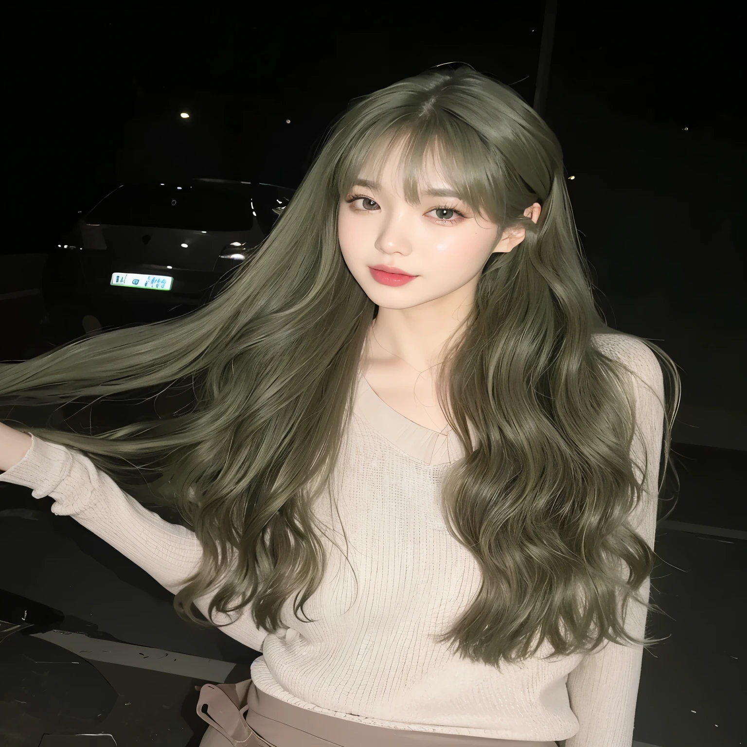 Long curly hair的女孩 站在那,A girl with long mint green hair,Long curly hair,Hair with a hint of green
