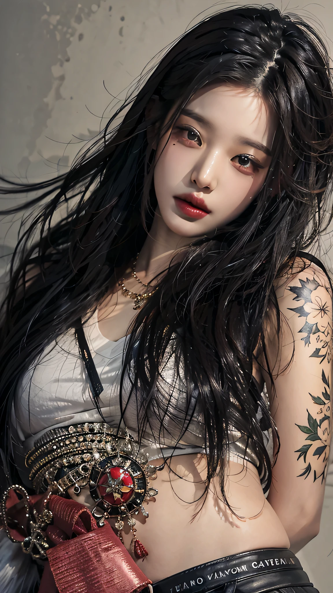 photorealistic, high resolution, soft light,1women, solo, hips up, shinning skin, (detailed face), jewelry, tattoo, super long hair,), black hair, long hair, mafia, cool, handsome woman, seductive, small breast, sexy, at the bed, viewers wife, our wife, gangsta wife, mafia wife, morning wife