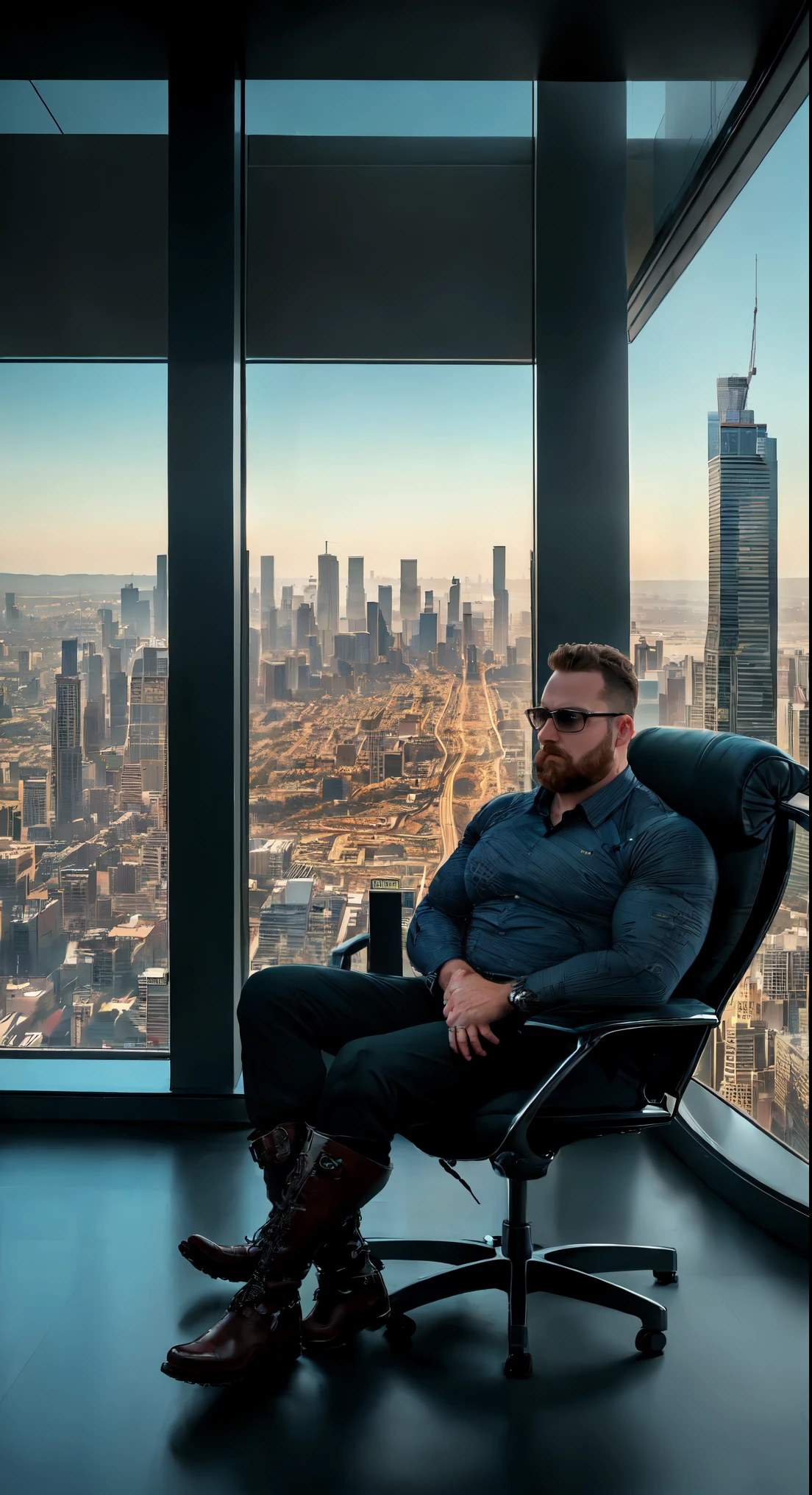 office in a skyscraper in a big city, male cyborg sits in a luxurious chair, Heavy men&#39;s boots, high quality, absurdity, masterpiece, Beautiful, complex parts, 1/2 body crops, slender body, Beautiful figure, Magnificent Anatomy, (complex parts:1.12), HDR, (complex parts, hyper detail:1.15), (natural skin textures, hyperrealistic, Soft light, spicy:1.2)