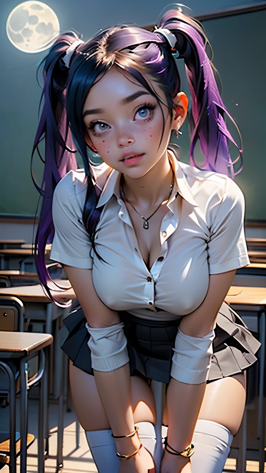cute girl,(((curvy ,curvy body,thick thighs))),(((21 years old))),((anime girl with extremely cute and beautiful neon pink hair)), (((sexy seductive))), (((sexy seductive slutty pose))),
(((Accentuated super huge enormously gigantic nude tits and nipples exposed))),((((very long purple hair in pigtails:1.35,very long purple hair in pigtails,colored inner hair,ear breathing)))),(((moonlight_eyes:1.3))),intricate eyes,beautiful detailed eyes,symmetrical eyes,big eyes:1.5,(((freckles on the face,freckles,freckled girl))),(((lustrous skin:1.5,bright skin: 1.5,skin tanned,shiny skin,very shiny skin,shiny body,plastic glitter skin,exaggerated shiny skin,illuminated skin))),(detailed body,(detailed face)),
cute,slutty,erotic,daring,((nsfw)),
zettai ryouiki,revealing clothing,show skin,(((Sexy school girl uniform, school girl outfit, wearing a school girl uniform school girl skirt and white thigh high socks:1.3,)))
(dynamic pose:1.0),embarrassed,(centered,scale to fit dimensions,Rule of thirds),
inside,indoor,((school classroom)),scenery:1.25,((intricate scenery)),((school decorations)),