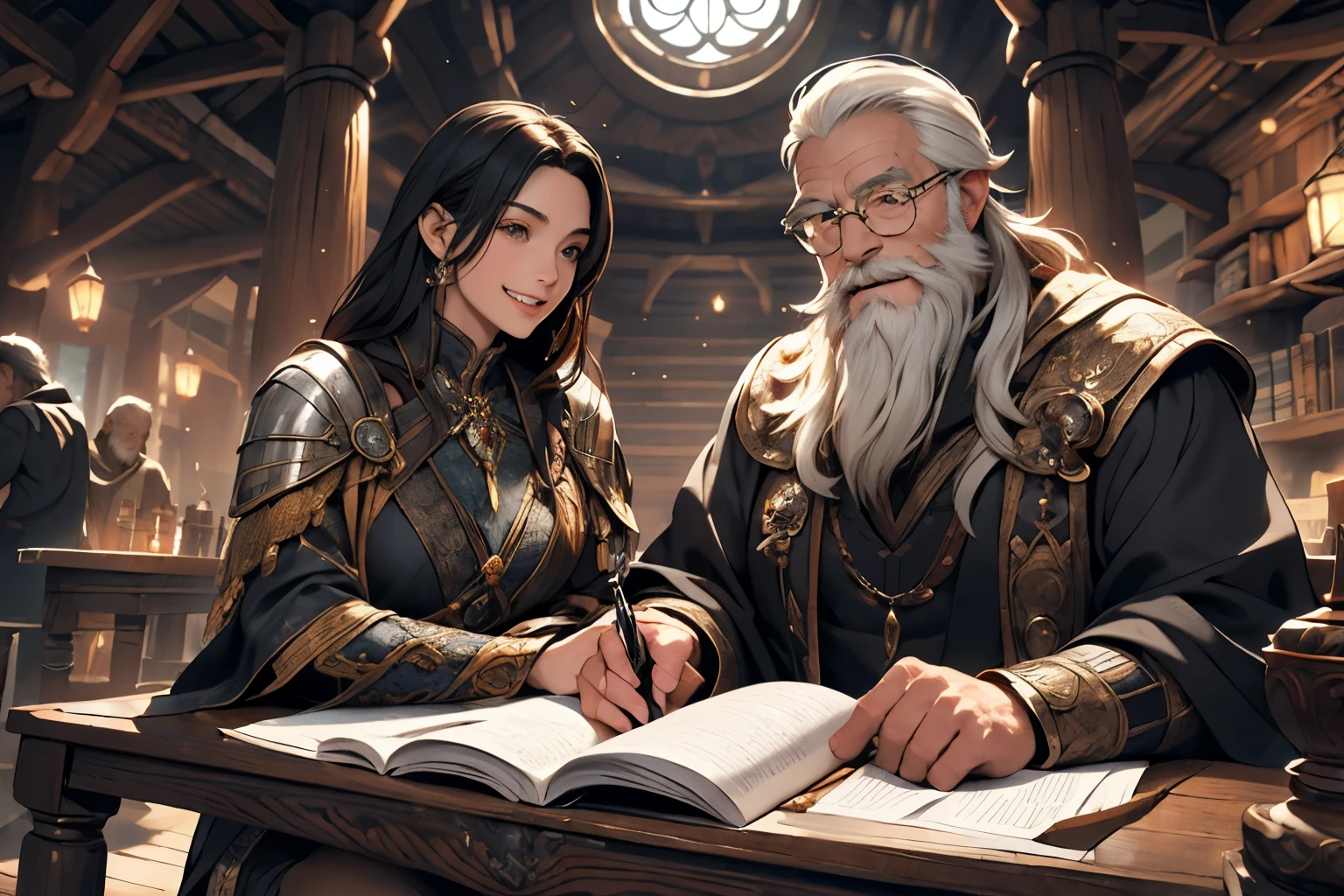 Intriguing fantasy RPG scene featuring a girl with luxurious, flowing black hair engaged in conversation with a wise old man sporting a white beard and long locks, both smiling warmly. Surrounding them, a table adorned with ancient scrolls, notes, and mystical relics sets the enchanted atmosphere. Square orientation for a balanced composition. --s 150 --ar 1:1 --c 5