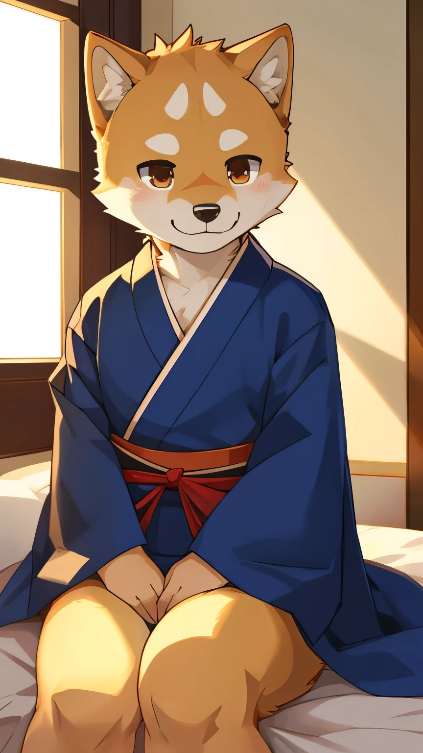  Shiba Inu，Shota，juvenile，look at us，smiling，Facing us，Bare chest，face，kimono，sitting on bed，alone，Lovely，shy