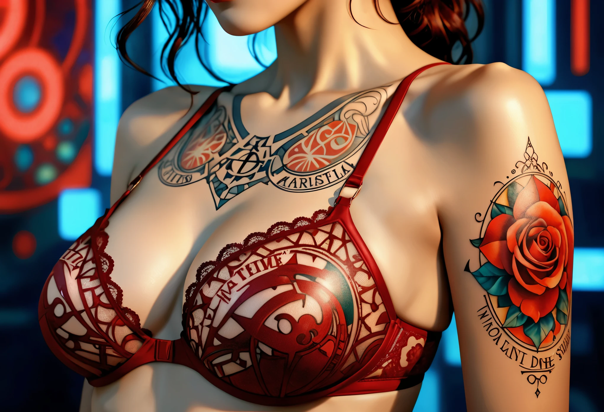 This is a close-up photography of a tattoo on a bikini girl’s body, Lace bra, Micro shot of atrial tattoo, Close-up of name tattoo under collarbone, Extremely detailed, Realistic red tattoo designs, With the name of the master and the name of the slave, high detail, Cubist Futurism, Tonalism, by Alfons Mucha, Ghibli-like colours, Cubism, sparkle, glowing light, first-person view, UHD, high details, award winning, award winning, best quality, 8k