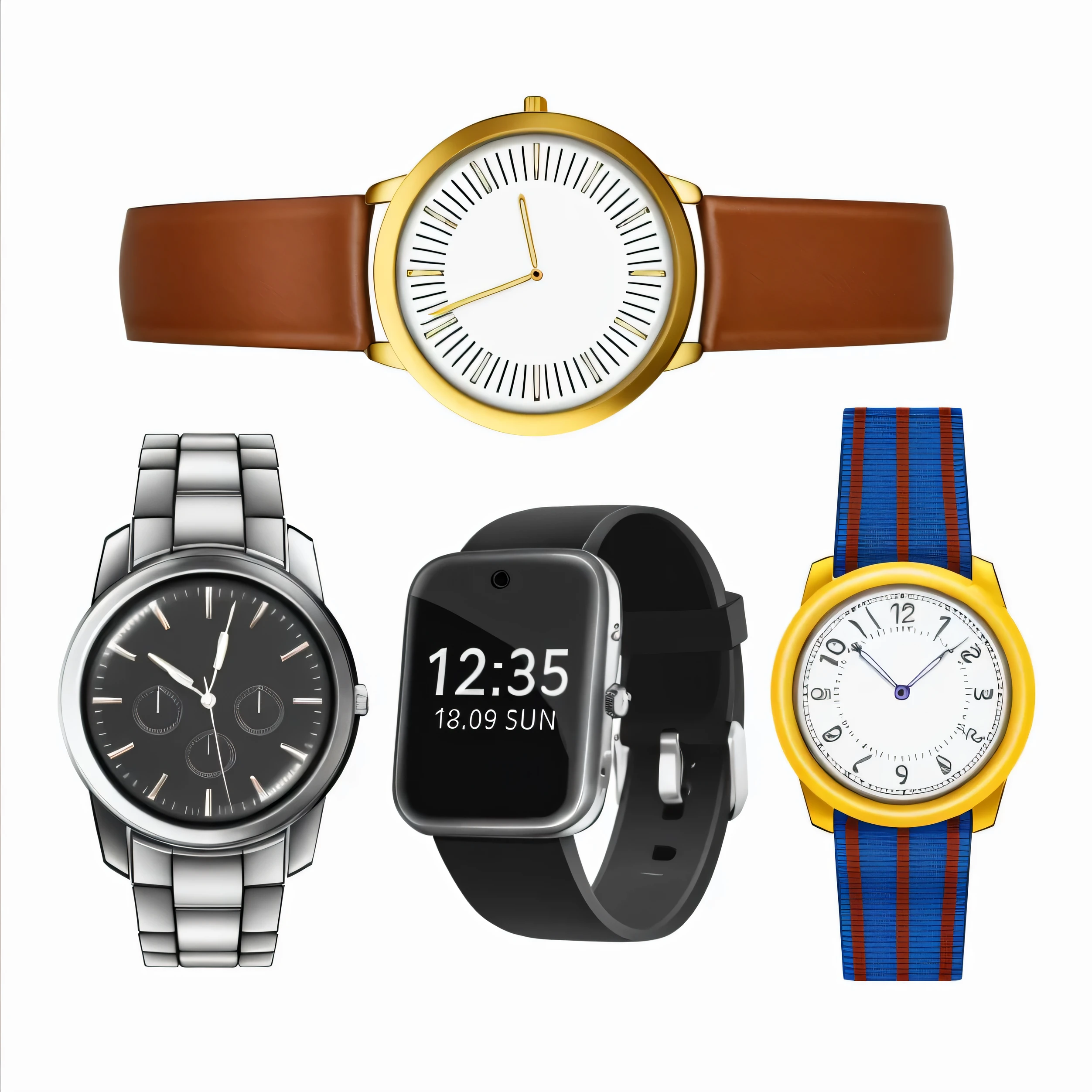 a close up of a group of different watches on a white background, watches, clocks, wears a watch, clock iconography, wearing a watch, dials, rendering, time displacement device, platforms, thumbnail, items and gadget, : 5 stylish, very design, clock, modern look, small gadget, vtm, collection, gadgets, collection product, time, pack