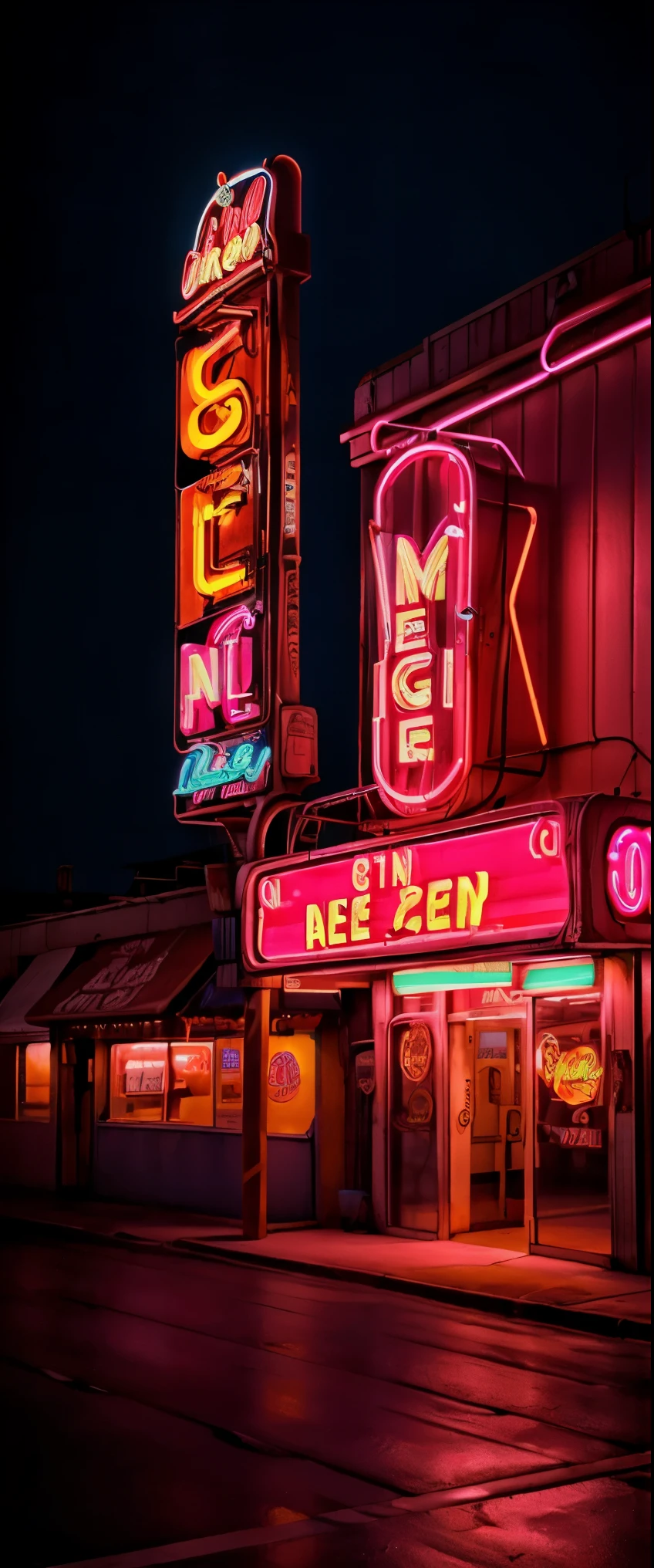 ((masterpiece, highest quality, Highest image quality, High resolution, photorealistic, Raw photo, 8K)), A pink and blue neon sign that stands out in the city at night, arafed view of a motel with a car parked in front of it, with neon signs, by Dave Melvin, route 6 6, neon signs, 1 9 5 0 s americana tourism, some have neon signs, neon lights outside, neon advertisements, gigantic neon signs, neon shops, by Arnie Swekel, few neon signs, neon signs in background, 