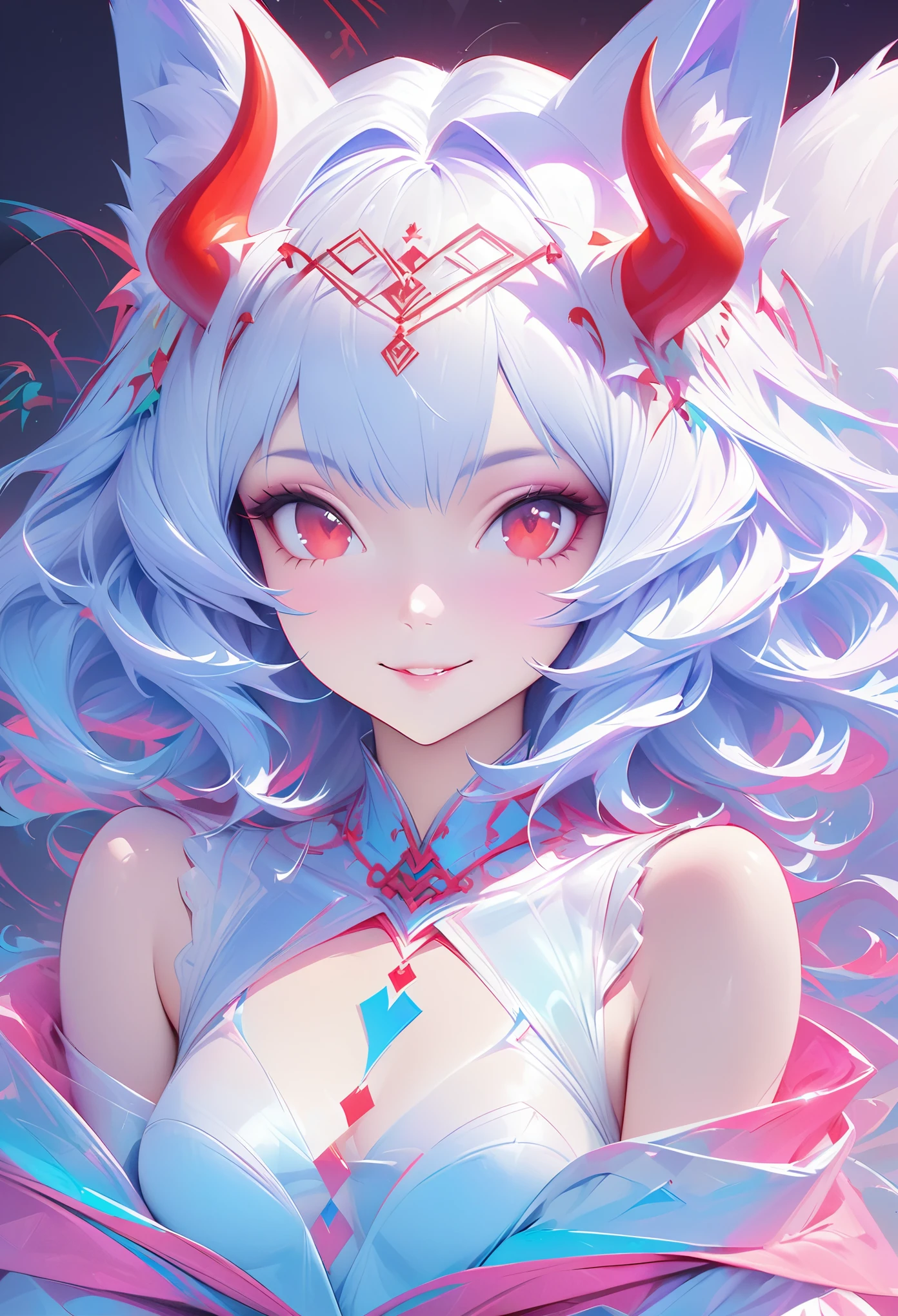 Masterpiece Portrait of Smiling Rei Ayanami (fox demon), fox tail, Caustics, High resolution illustration, Red eyes, feminine,, blue hair,, Shadow flat illustration, The art of math, Popular topics on ArtStation, Very detailed, fine details, complex, neon color
